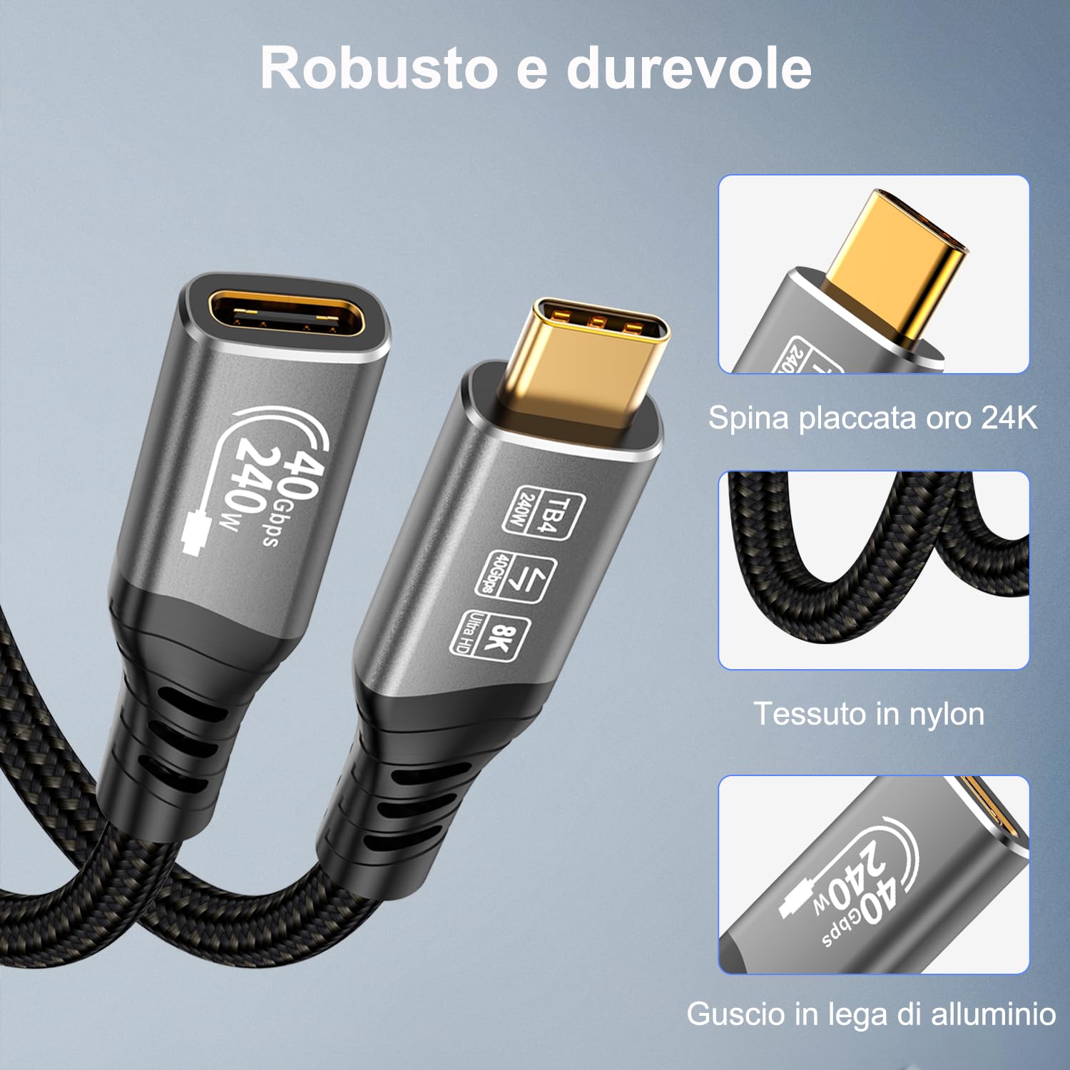 Prolunga Thunderbolt 4 2 metri, USB 4 40Gbps Prolunga USB Type C, 240W 48/5A Cavo Prolunga Thunderbolt 8K@60Hz 4K@144Hz per Thunderbolt 5, Switch, MacBook, iPad Pro, VR, SSD