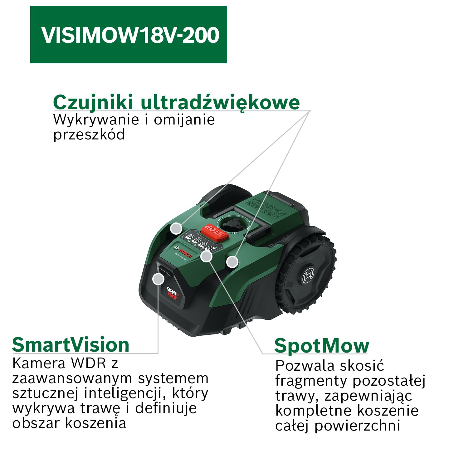 Bosch Akumulatorowy robot koszący VISIMOW18V-200 (do trawników o powierzchni do 200 m², szerokość cięcia: 18 cm, wysokość cięcia: 20 – 60 mm, bez akumulatora)