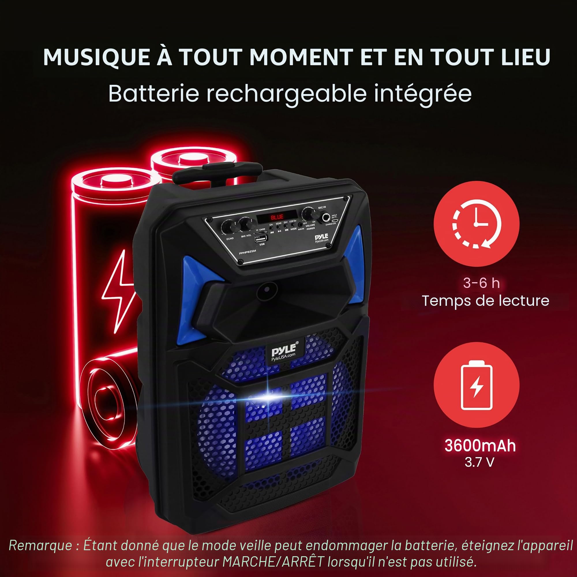 Pyle Système de Haut-Parleur Bluetooth Portable PA 400W Haut-Parleur Bluetooth Portable avec Télécommande Microphone Entrée Microphone Lumières de Fête Lecteur MP3/USB Carte SD Radio FM Roues