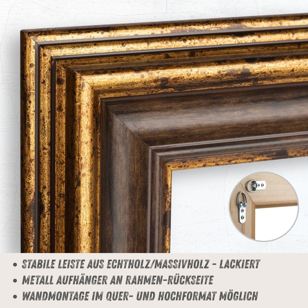 N°78 Barock Bilderrahmen 20x20 cm Bildmaß, Braun Gold | breite Echtholz-Profilleiste, Acrylglas glasklar & bruchsicher, Vintage-Stil, HDF-Rückwand, Metallaufhänger, handgefertigt