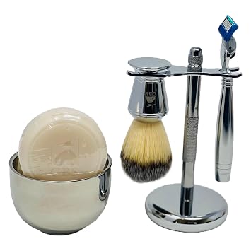 G.B.S Mens Shaving Kit - 5 Blade Razor Stainless Durable Wide Handle for Strong Grip, Shaving Brush, Razor + Brush Stand, Chrome shaving Bowl & All-natural Shave soap