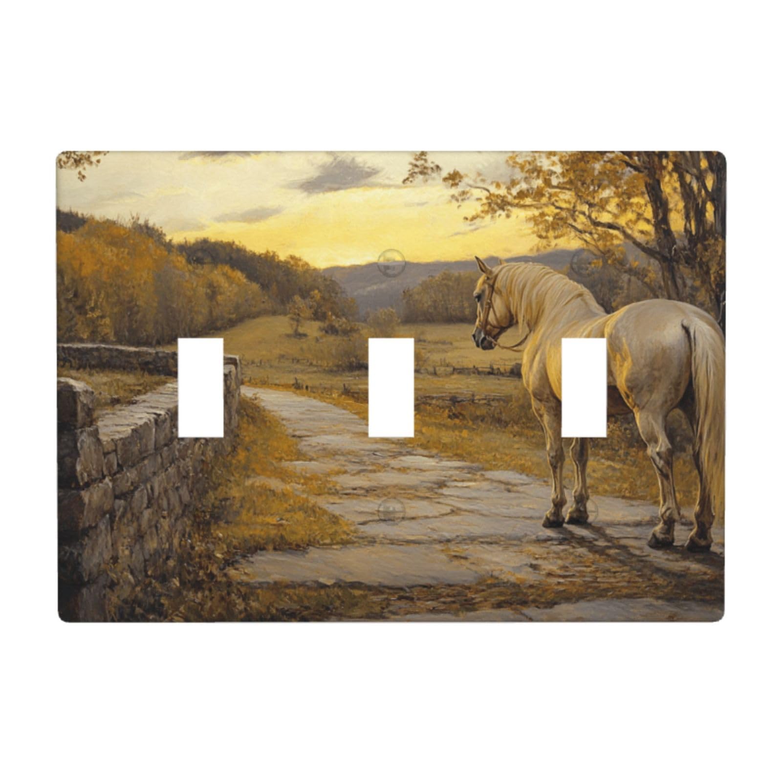 Woshuwo White Horse An Ancient Stone Road Countryside Light Switch Covers 3 Gang Triple Toggle Wall Plate Switchplate Electrical Faceplate For Bathroom Kitchen Bedroom Decor