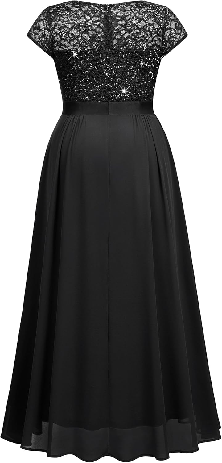 Miusol Women's Plus Size Sequin Floral Lace V Neck Formal Party Evening Gown Chiffon Maxi Dress - Image 6