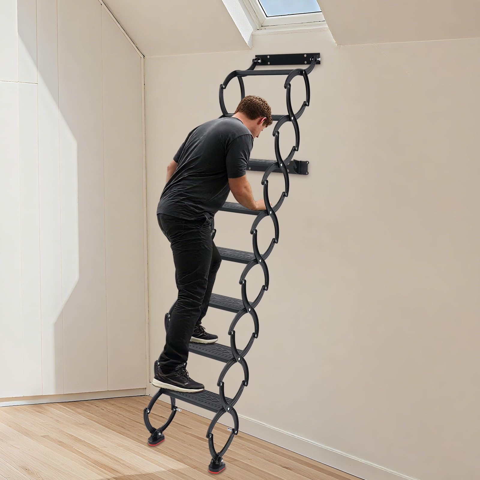Escalera plegable montada en la pared, escalera desplegable para ático, escaleras de acordeón para desván de 8 peldaños, capacidad de carga por escalón de 200 kg, de suelo a techo 220 cm, para