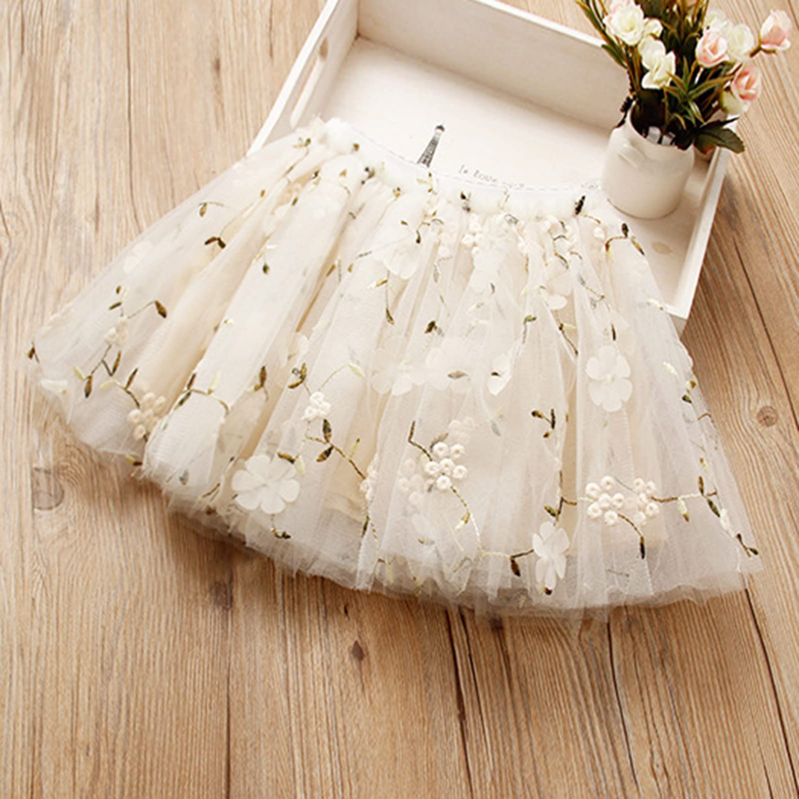 Toddler Girls Layered Tutu Tulle Skirt Baby Girls Mesh Soft Fluffy Tutu Skirts Flower Embroidered (Beige, 18-24 Months)