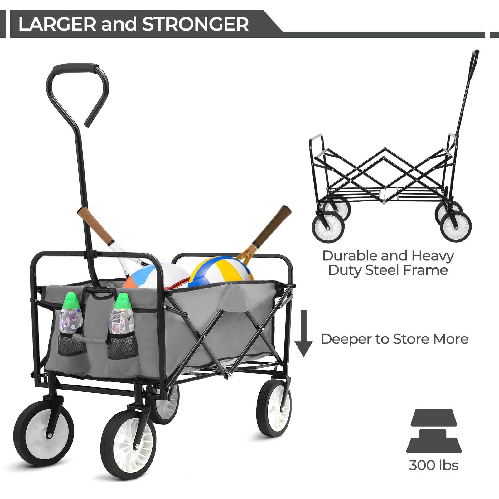 Carrello Pieghevole, 98L Carico Massimo 80 kg Carrello a Mano da Giardino, Carrello da Spiaggia, per Il Trasporto, con Tasca Laterale, per Attività All'aperto, Spiaggia, Campeggio, Grigio