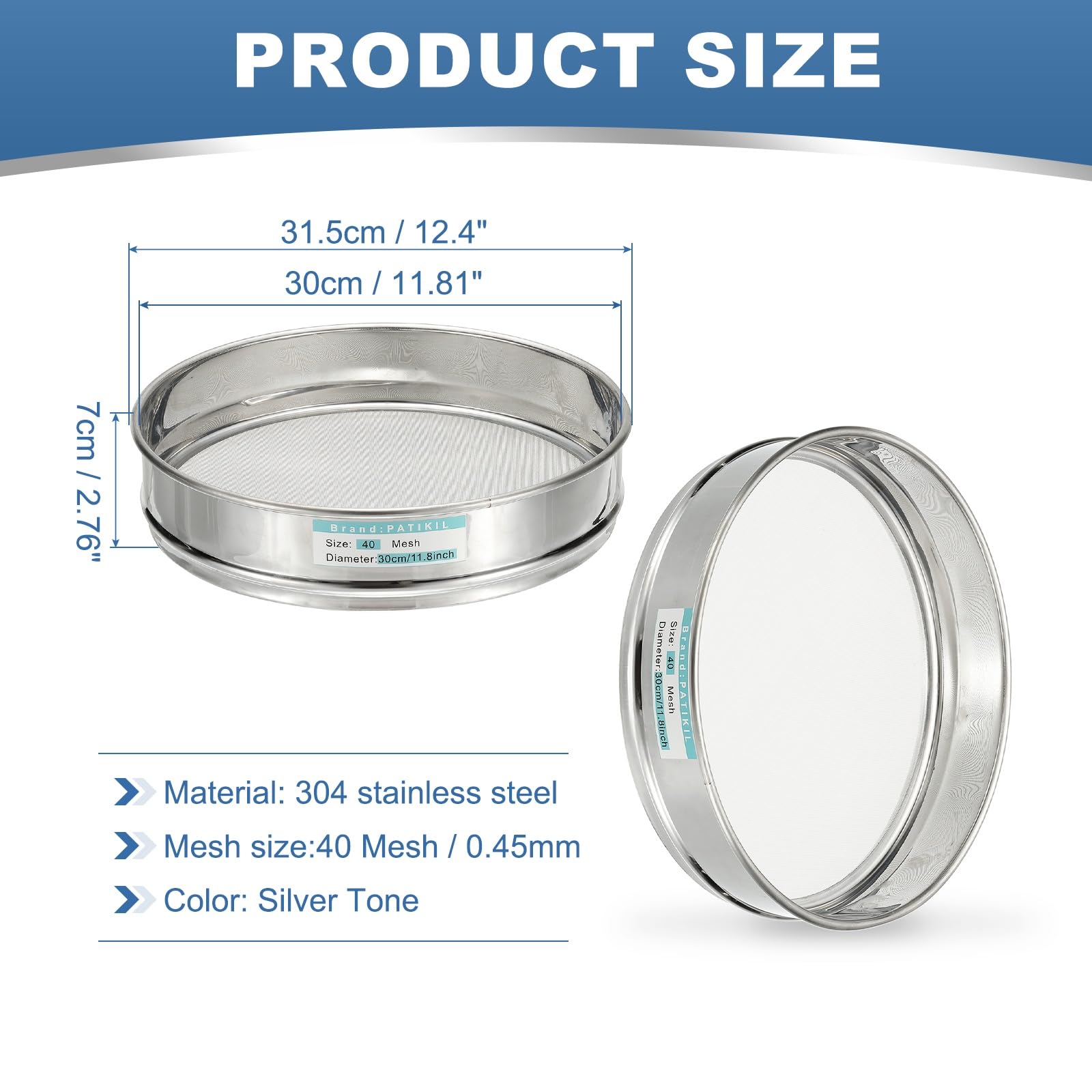 PATIKIL 40 Maschen (0.45mm) Laborsieb 30cm ID 304 Edelstahlsieb Siebfilter Feines Maschensieb Für Industrielles Labor Haushalt Bodensieb