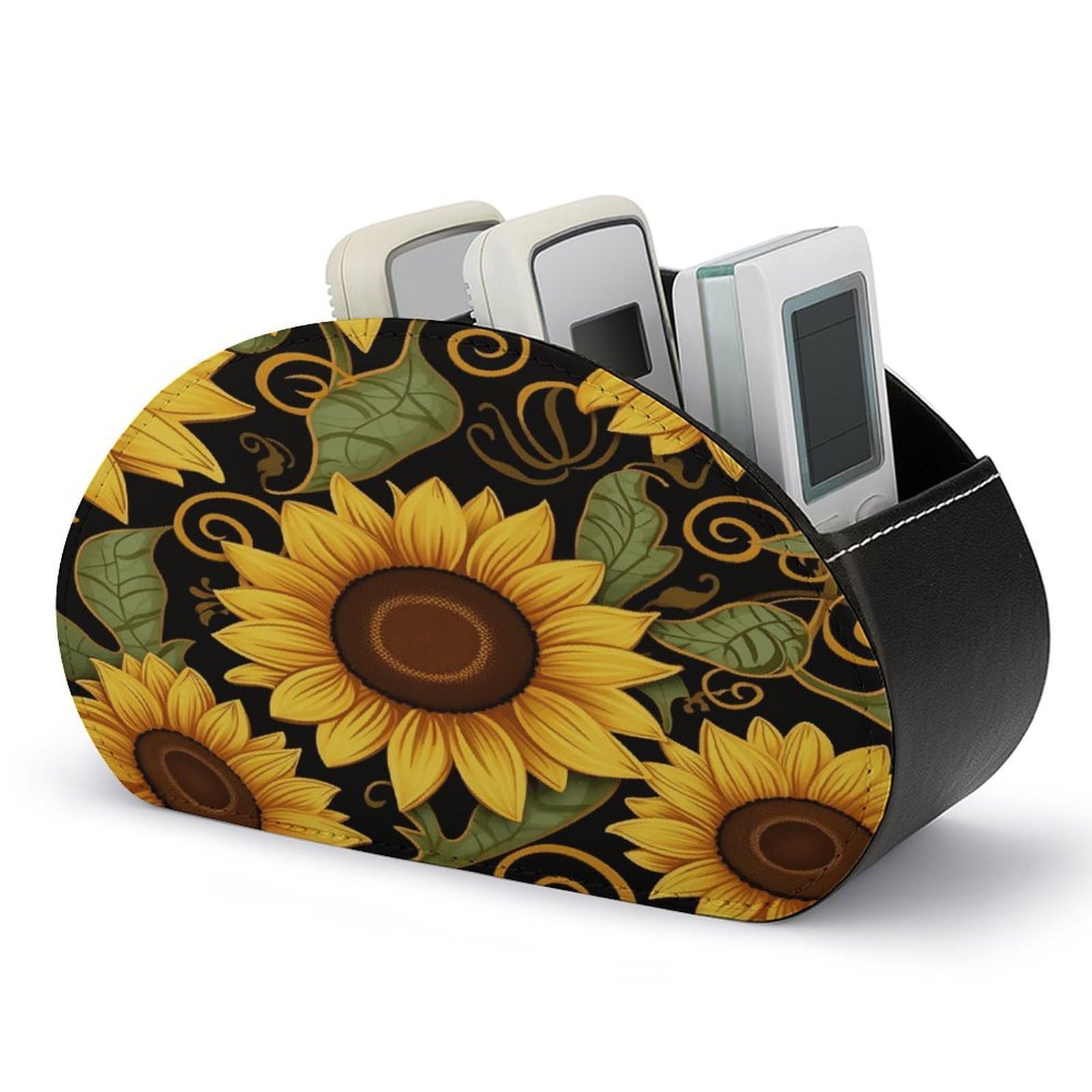 VstaDank Beautiful Sunflower Remote Control Holder Farmhouse TV Media Remote Storage Box with 5 Compartments PU Leather Remote Caddy Desktop Organizer for Home Bedside Table Organizer
