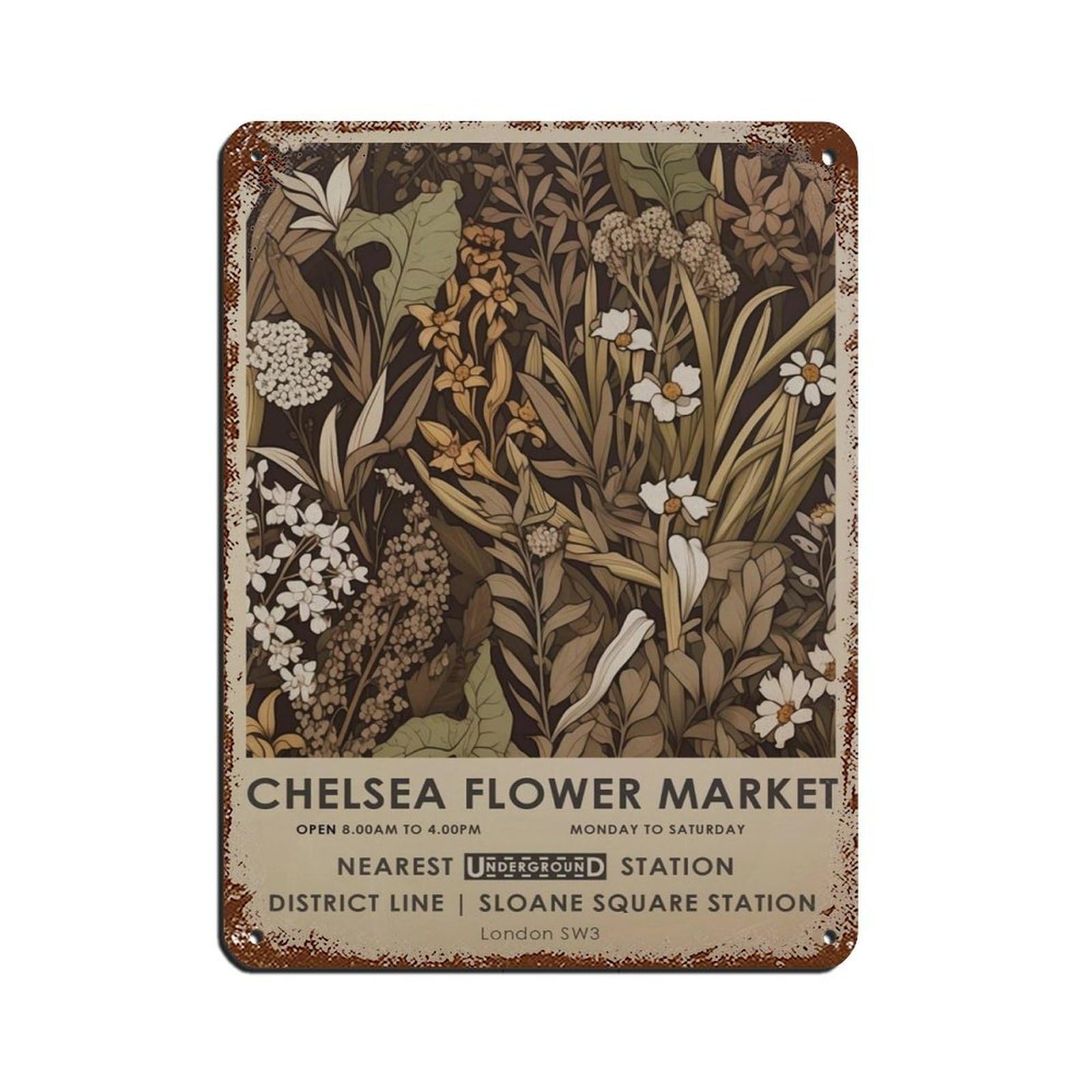 Chelsea Flower Market, Neutral Vintage Floral Retro Poster Metal Tin Sign Chic Art Retro Iron Painting Bar People Cave Cafe Family Garage Poster Wall Decoration 12x16inch(30x40cm)