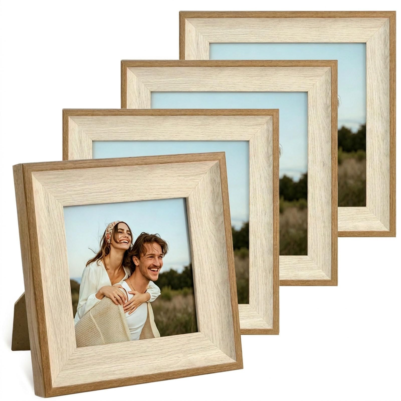 4PCS Square Photo Frames 6x6 - Modern Style Resin Photo Frame with Acrylic Glass, Vintage Picture Frames for Tabletop or Wall Hanging, Home Decoration (Natural Wood Color, 6X6)