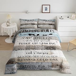 Erosebridal Camping Rules Comforter Set 3Pcs, Rv Camper Decor Bedding Queen for Kids Teens Adult Women Bedroom Decor, Rustic Farmhouse Bedding Comforter Sets Vintage Wooden Barn Door Duvet Insert