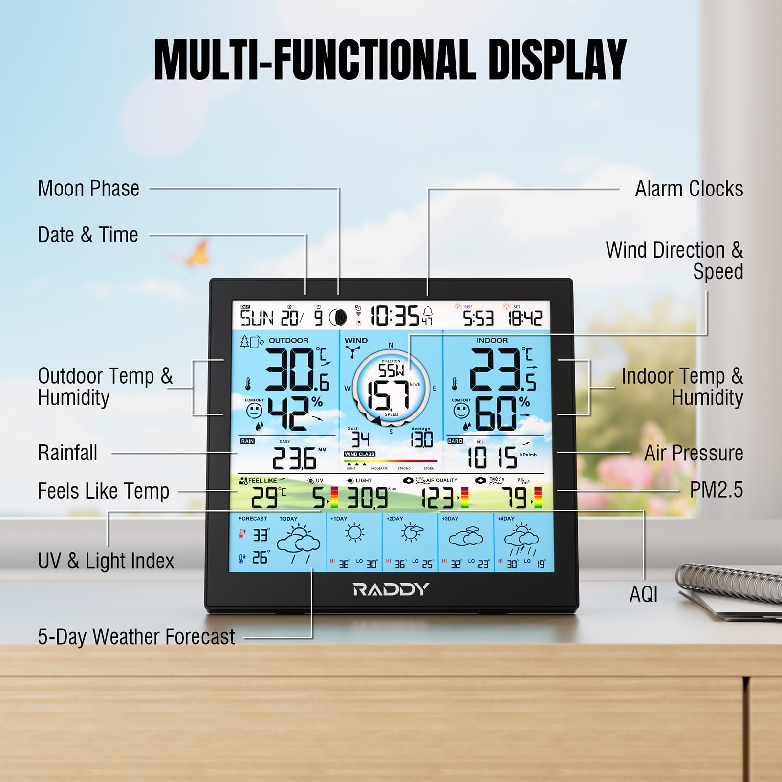 Raddy WF-120P Stazione meteorologica Wi-Fi professionale 10″ display colori HTN PM2.5 sensore esterno 7-in-1