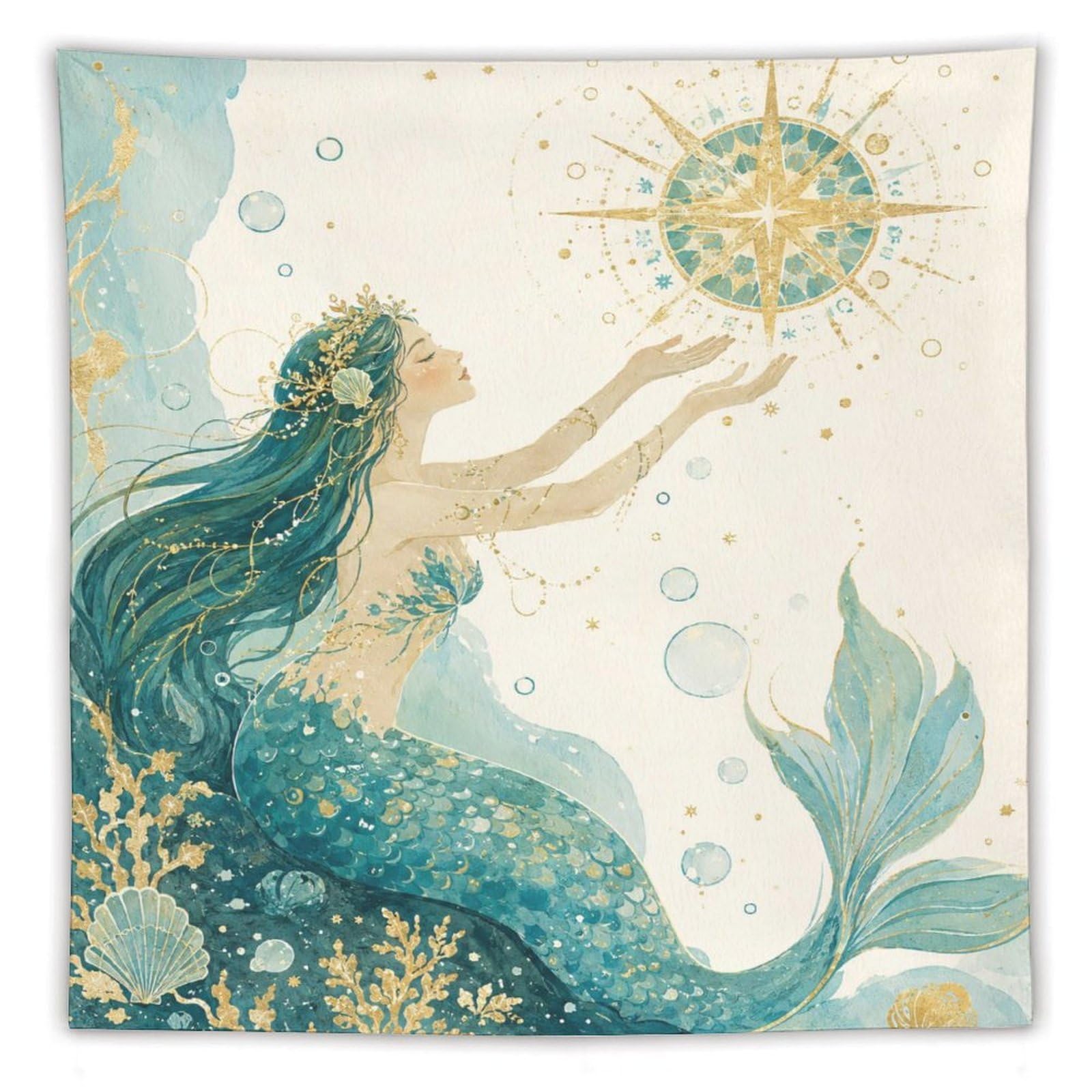 W7C8U2X3 Mermaid with Golden Sun Wall Tapestry, Watercolor, College Dorm
