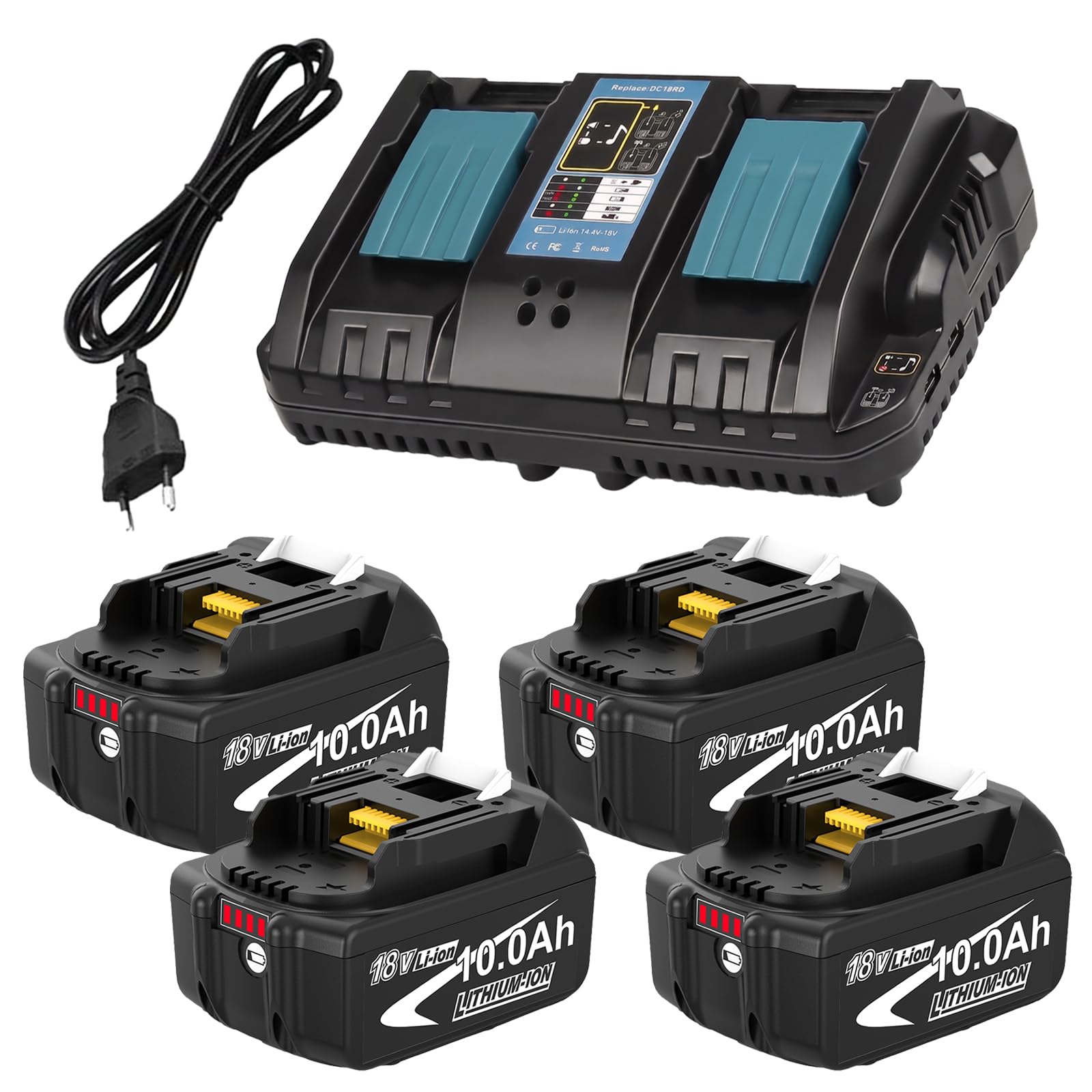 4Pack Batteries 18V 10Ah pour Makita & 6A Double Chargeur DC18RD14.4-18V