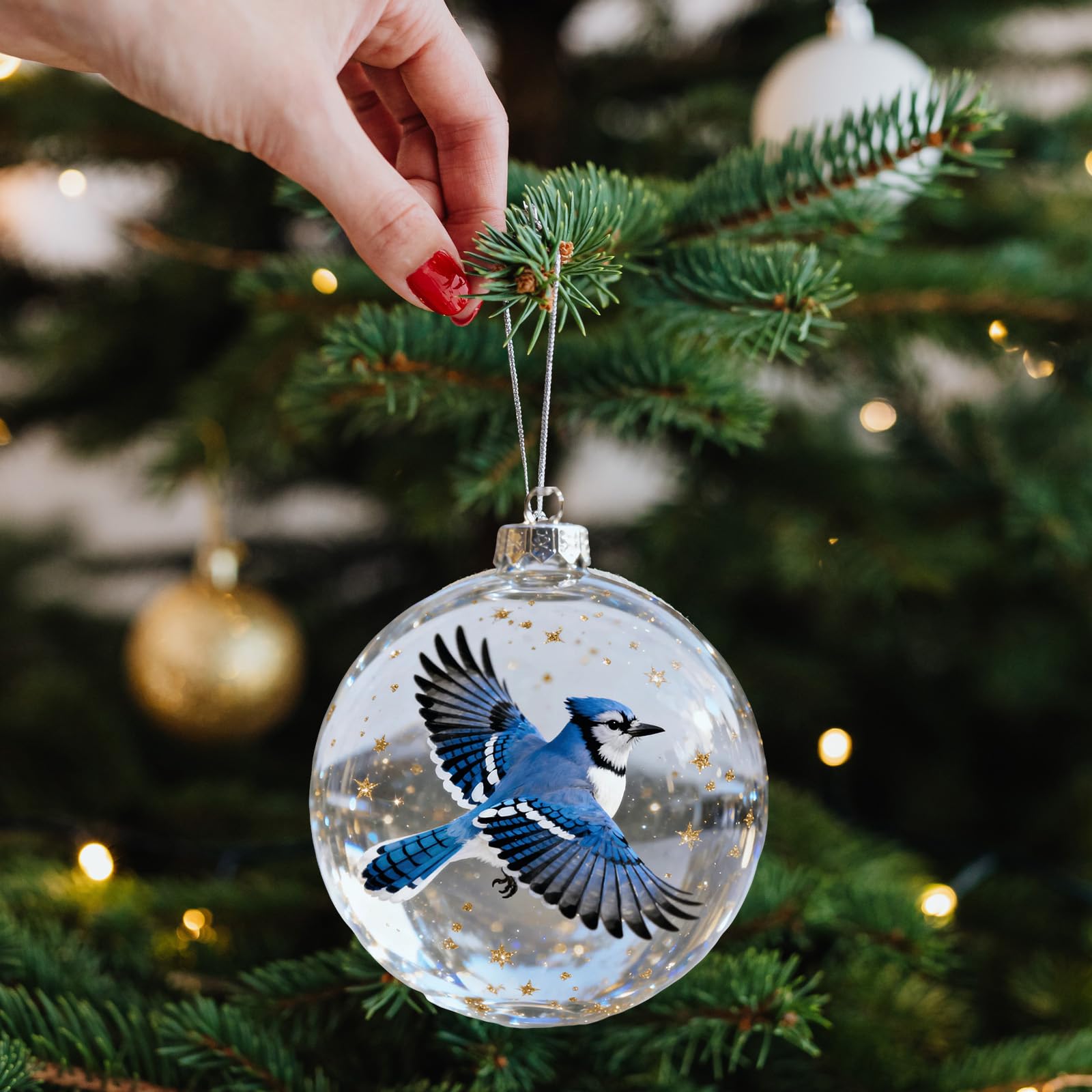 Scultura a forma di uccellino, in acrilico trasparente, rotonda, da appendere, decorazione per albero di Natale, decorazione per le vacanze