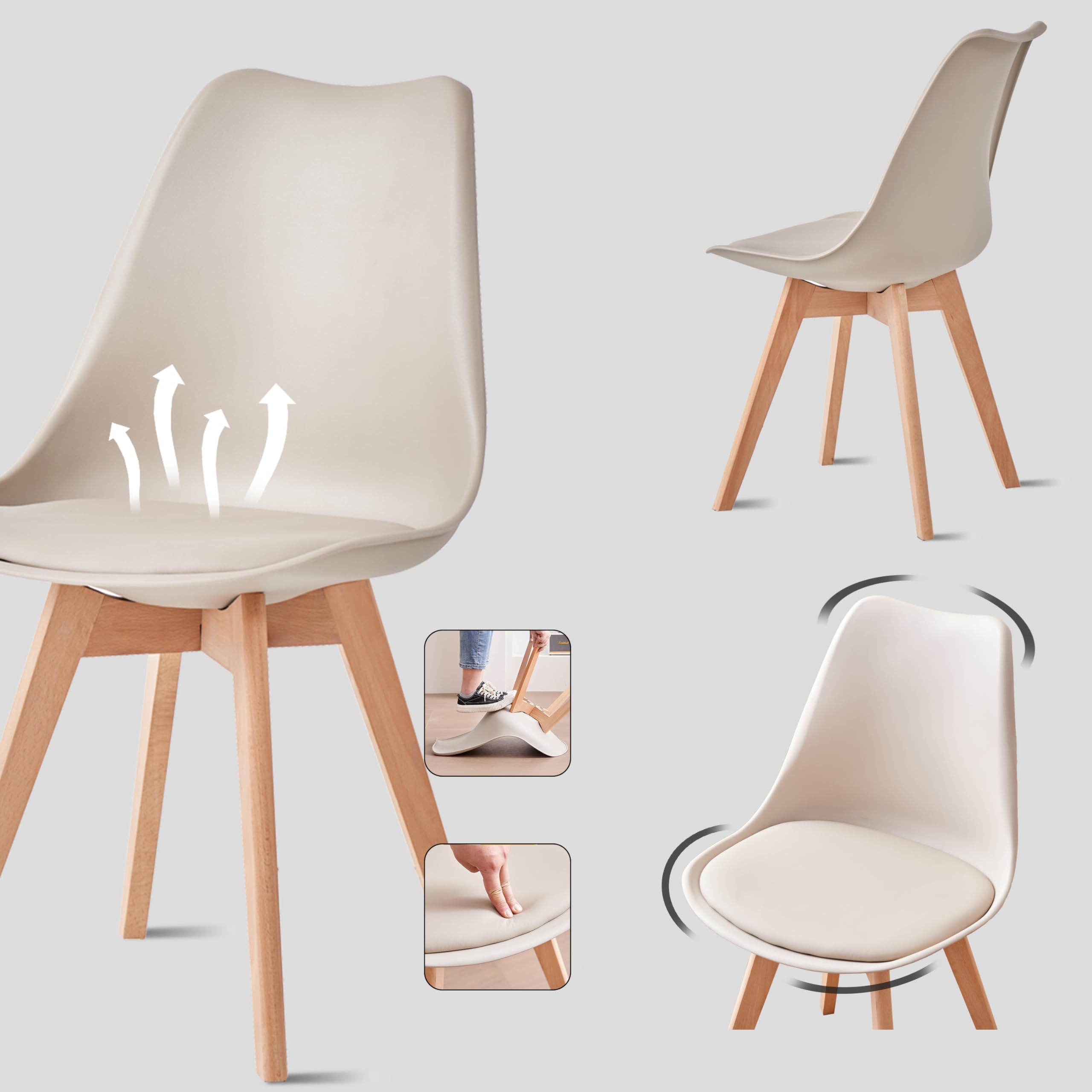 Mesa de Comedor con 4 Sillas, Juego de Comedor, Mesa de Comedor Redonda de Madera de 100 * 100 * 75 cm, 4 Sillas con Respaldo Alto, Patas de Madera de Haya, (Marrón Claro +Caqui)