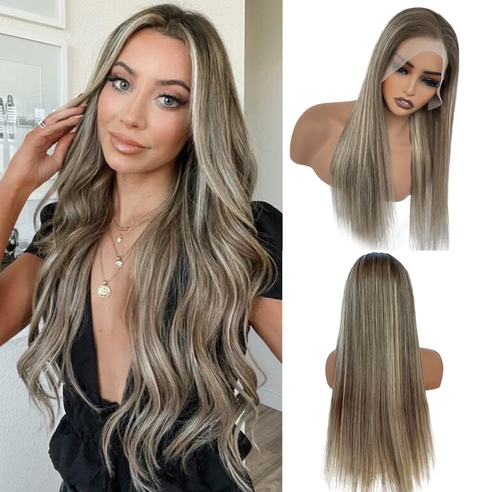 Photo 1 of Munx Ombre Highlight Blonde Wigs Human Hair, 180% Density Thick 13x6 Straight HD Ultra Thin Lace Wig for Women Glueless Balayage Brown Lace Front Wigs 100% Real Human Hair 24Inch