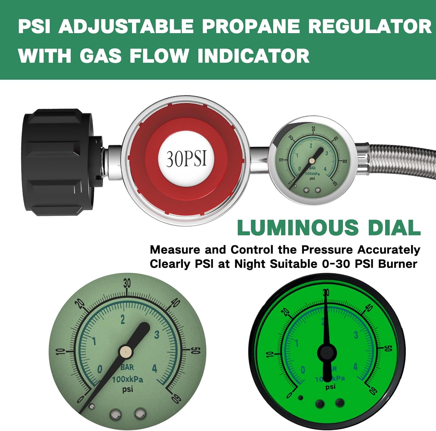 24FT 0-30 PSI Adjustable High Pressure Propane Regulator with Gauge 0~60PSI Gas Flow Indicator Stainless Propane QCC1 Hose with 3/8 Flare x 1/8 MNPT Fits for LP Gas Cooker, Burner, Turkey Fryer,Smoker