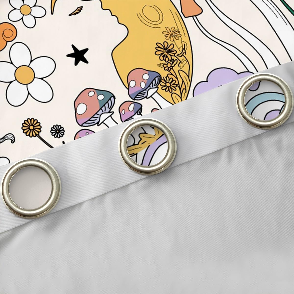 Trippy Mushroom Curtains,Daisy Floral Moon Cloud Window Curtains,Groovy Hippie Style Window Treatment Drapes,Kids Girls Boys Teens Colorful Boho Living Room Bedroom Decor, Top 2 Panels,42Wx90L