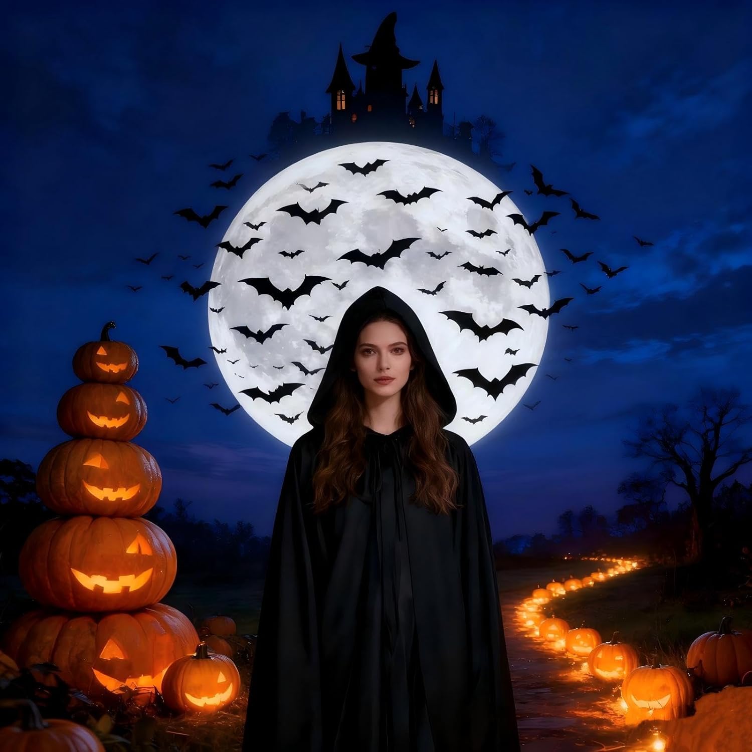 55Inch Black Hooded Cape Long Robe Cloak, Halloween Black Wizard Witch Vampire Accessories for Adults Halloween Cosplay Party Costume - Image 6