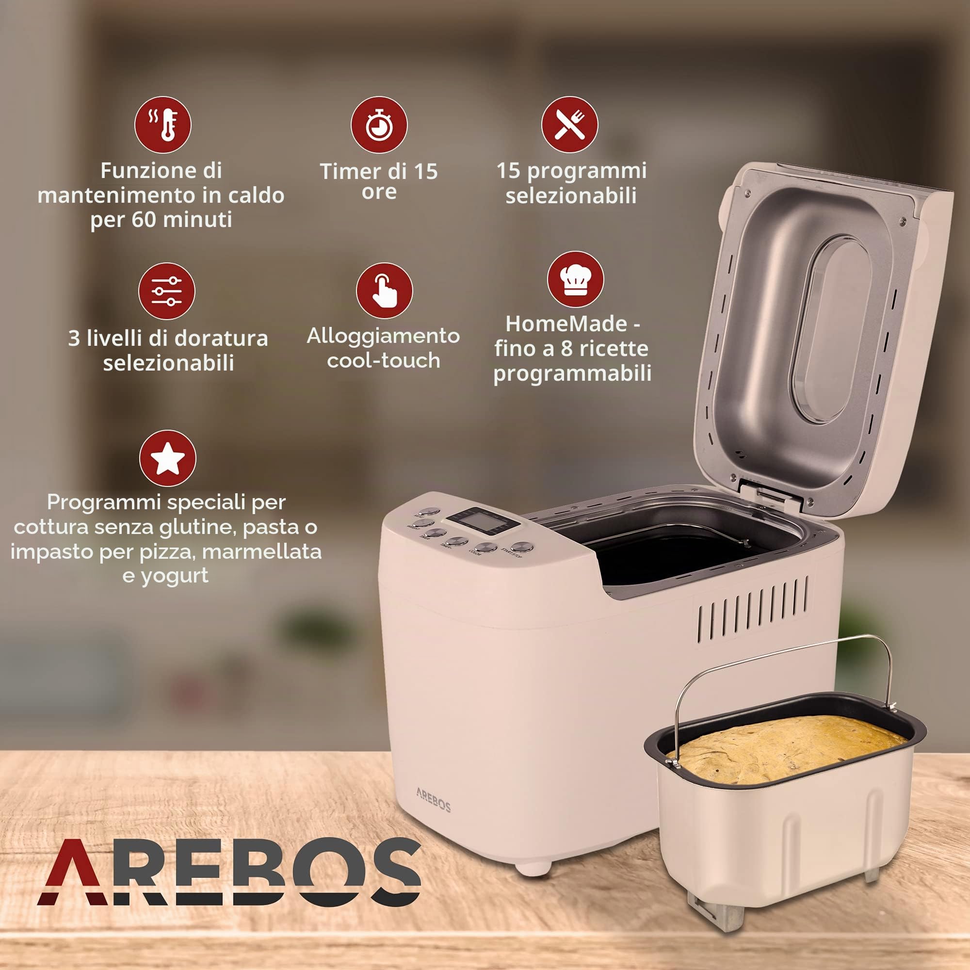 Arebos Macchina per il pane 1500 g | con 15 programmi | 2 ganci per impastare | timer | display LCD | 3 livelli di doratura e dimensioni del pane | 850 W | Bianco