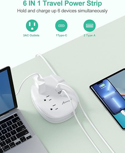 Vista 25 de Alitayee Regleta de alimentación de viaje portátil USB C con 3 tomas, 3 puertos USB, carga rápida, extensor de salida USB extensible con enchufe