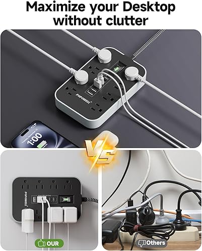 Miniatura 8 de Protector de sobretensiones de regleta de alimentación cable de extensión de enchufe plano de 5 pies, 8 salidas de CA y 6 puertos USB (3 USB C),