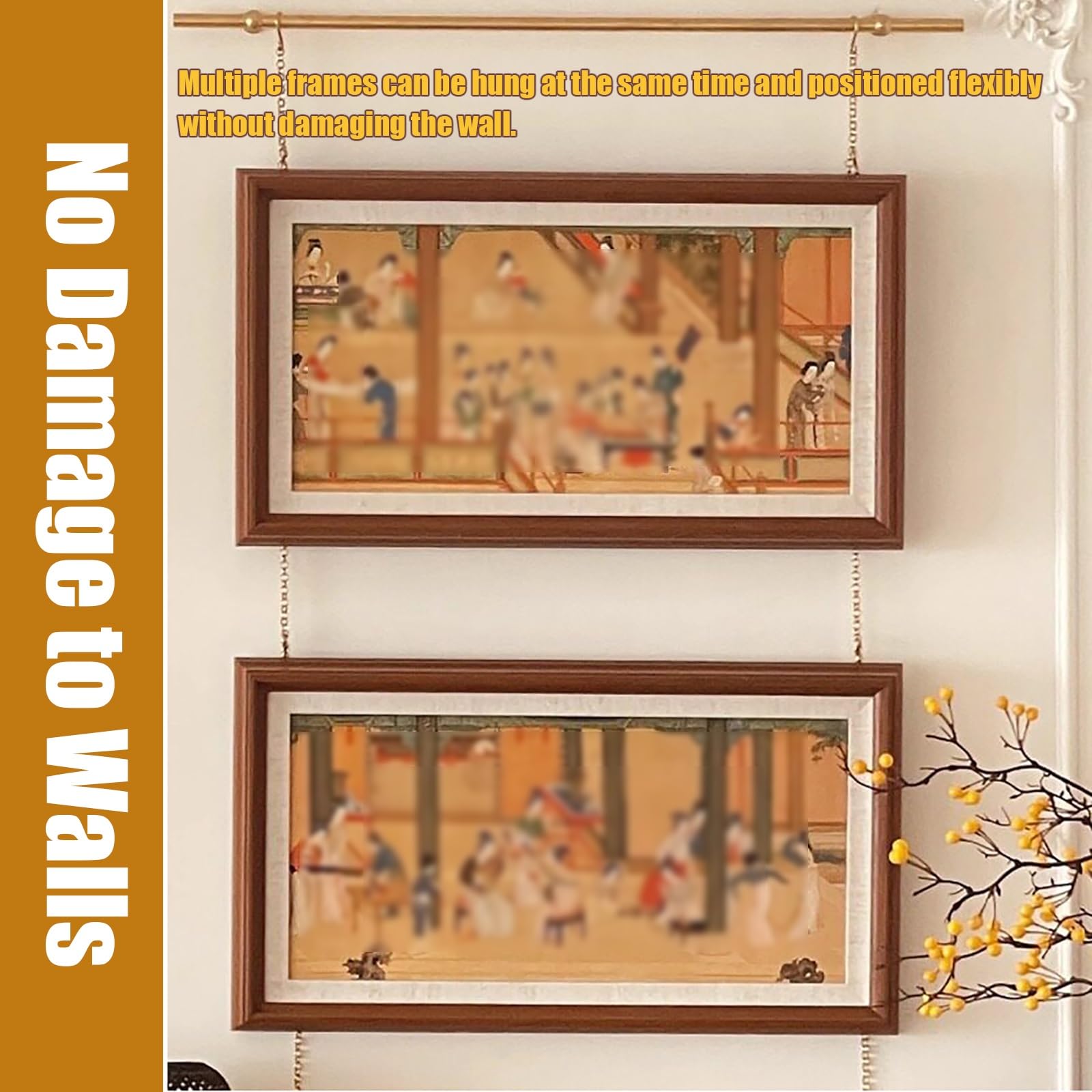 Messing Bilderschienen Aufhängesystem – Verstellbare Galerieschienen für Bilder mit Haken und Goldener Kette – Für Wandkunst, Bilderrahmen, Leinwand – Wohnzimmer, Büro, Galerie(100cm/39in)