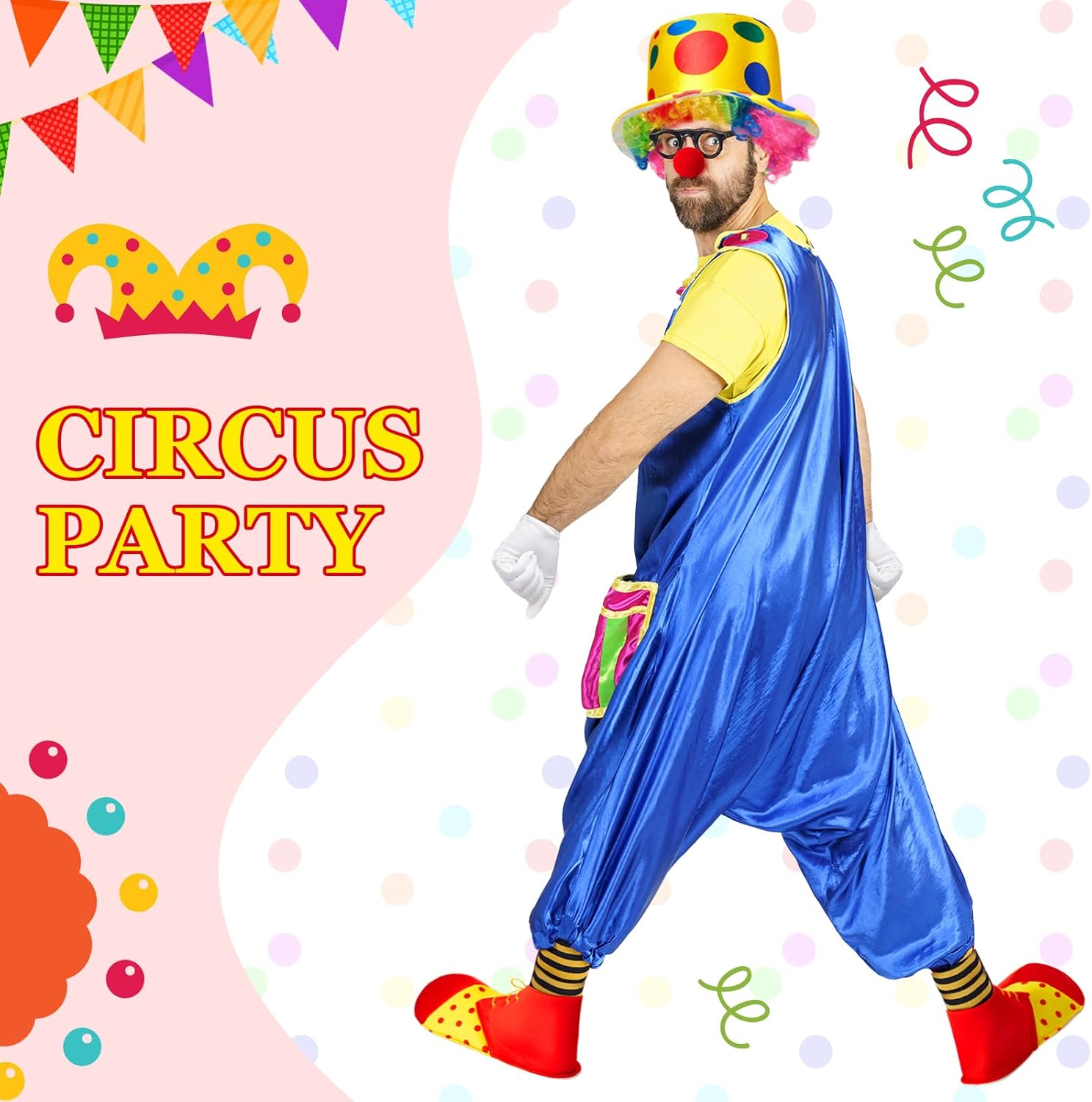 JaGely 7 Pcs Clown Costume Set Include Rainbow Wig Hat Clown Nose Bow Tie White Gloves Shoes Accessories Halloween Cosplay for Adults Parties Circus Carnivals Pretend Play - Image 6