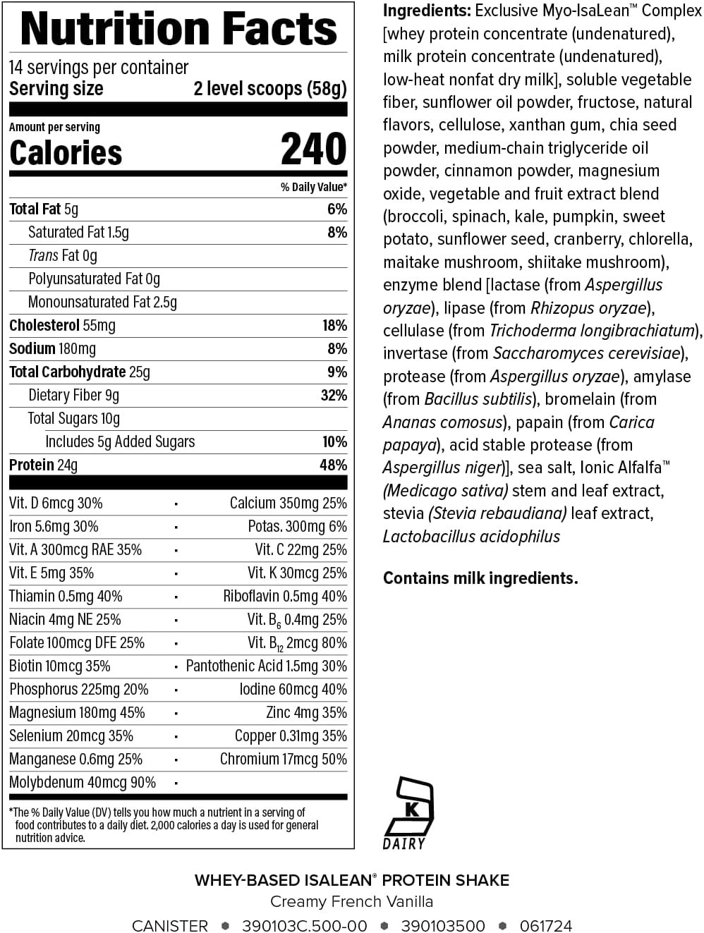 IsaLean Protein Shake - Complete Superfood Meal Replacement for Maintaining Healthy Weight and Lean Muscle Growth with 24 Vitamins and Minerals - 28.6 oz - 14 Meal Canister (Creamy French Vanilla)