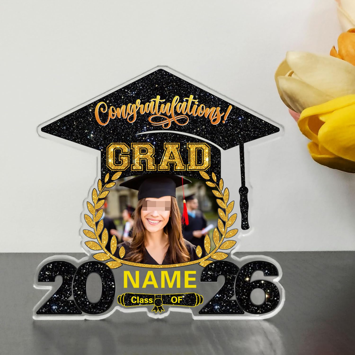 Aubao Customized Graduation Plaque with Photo Crystal Desktop Keepsake Gift (Black and Gold, 3.9x3.9in/4.7x4.7in Acrylic)