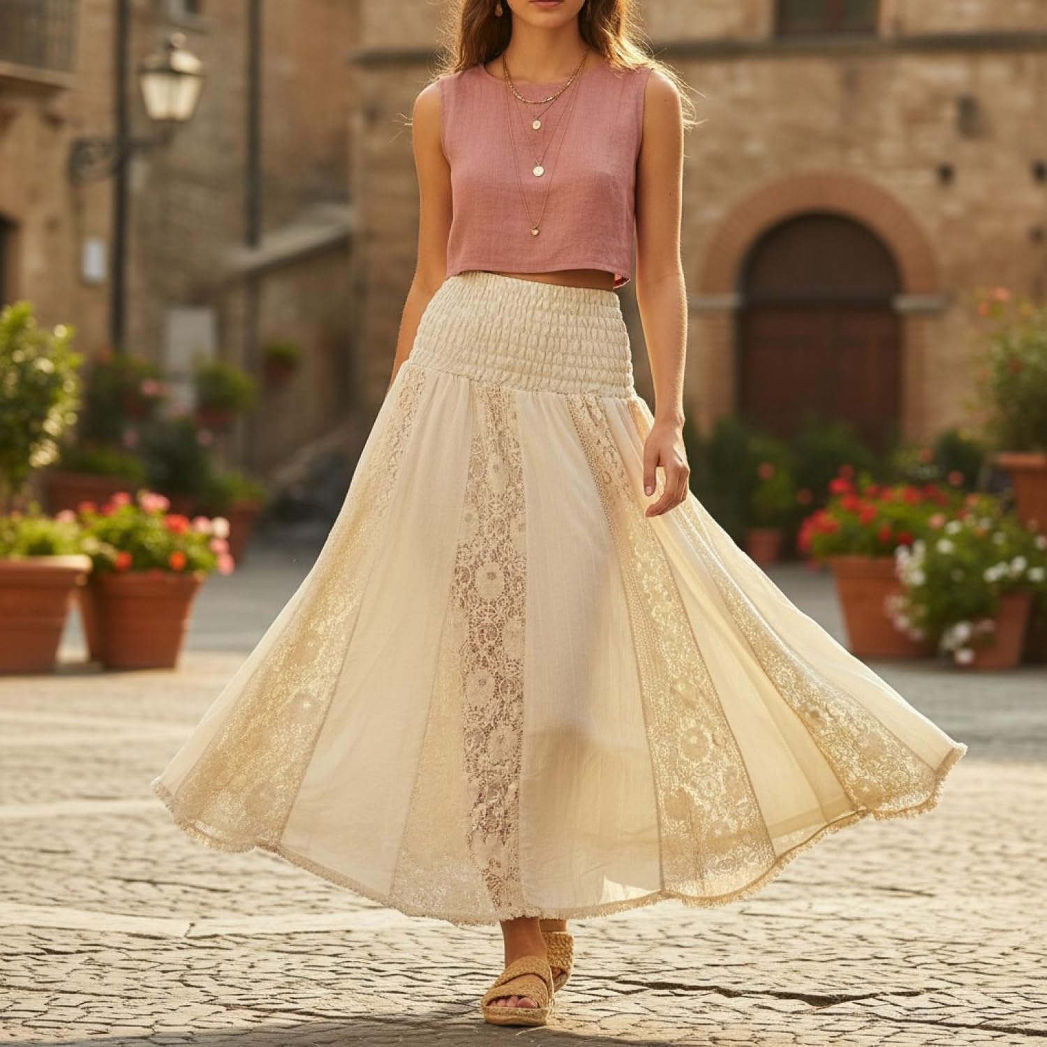Boho Spitzen Maxirock, Flamenco Rock, weiter Sommerrock, Baumwolle, Creme | Maxi-Rock mit elastischem Bund, lockere Passform, ideal für den Sommer, vielseitig kombinierbar.