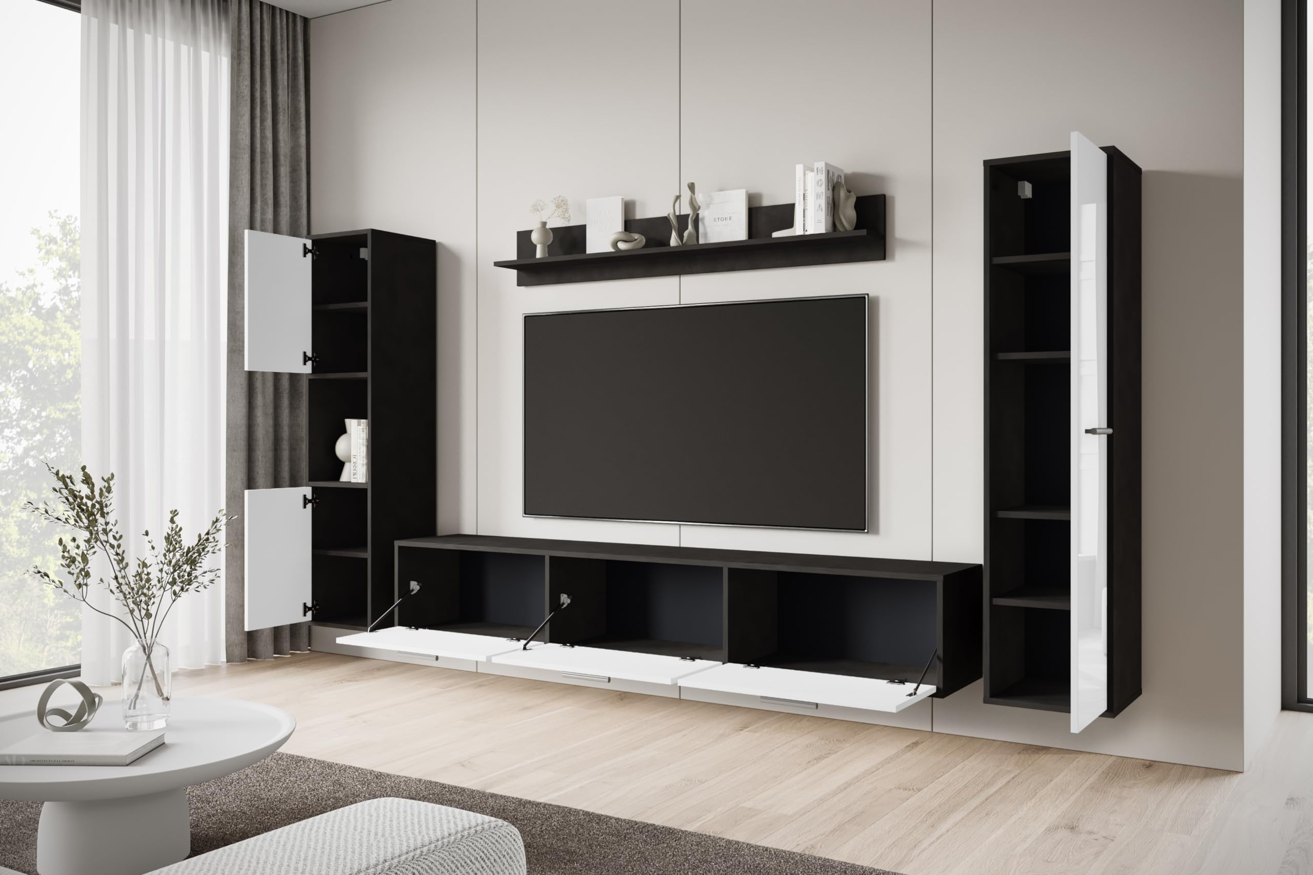 MINIO go for it - Wohnwand Wohnzimmer 4-teilig Toga, Wohnzimmer Möbel Set, 1x TV Lowboard, 2X Hochschrank, 1x Wandboard, Wohnzimmermöbel Komplett, Wohnzimmer Set - Farbe Matera/Weiss Hochglanz