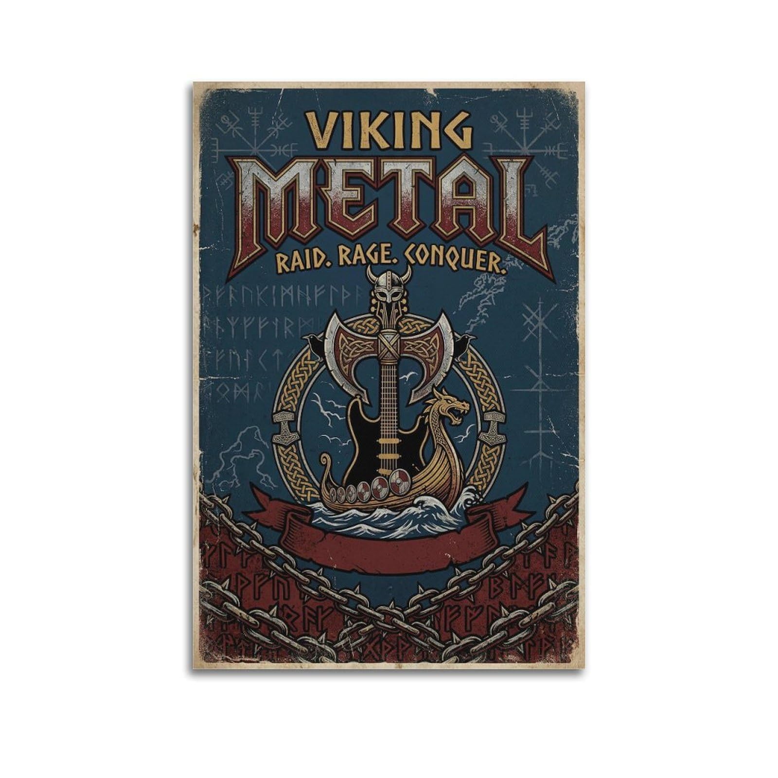 Okngb Unframe-Style Vintage Nordic Mythology Guitar Viking Metal Music Poster Decorative Painting Canvas Art Picture 20X30inch(50X75cm)
