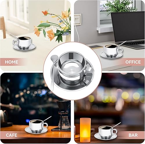 Miniatura 5 de Juego de tazas y platillos de 4 onzas, taza de café con aislamiento de doble pared de acero inoxidable con platillo y cuchara para café, café con
