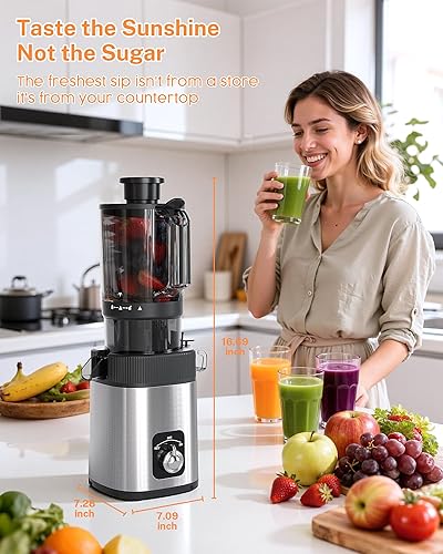 Miniatura 8 de Kndko Exprimidor de prensa en frío con canal de alimentación de 4.35 pulgadas de ancho, máquina de masticación lenta para frutas y verduras enteras,