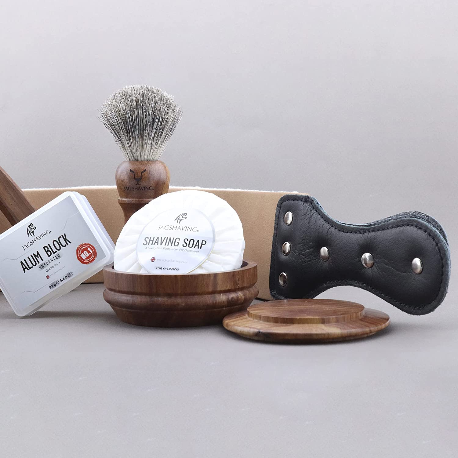 Jag Shaving Zestaw do golenia – 6-częściowy zestaw pędzli do golenia – zestaw noży do golenia – pędzel do golenia z włosia borsuka – golarka do cięcia – mydło do golenia – miska do golenia – pokrywka – pasek – pasek skórzany – zestaw do golenia
