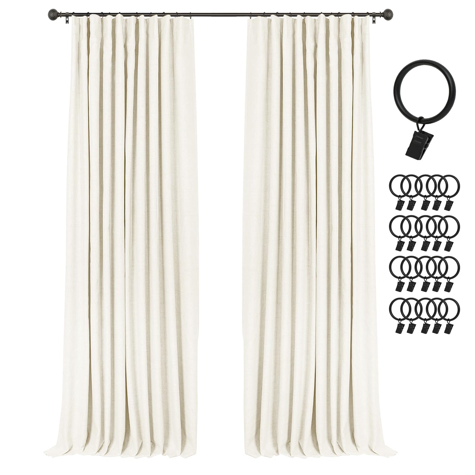 INOVADAY 100% Blackout Curtains for Bedroom, Black Out Curtains 96 Inch Long, Clip Rings Linen Blackout Drapes, Thermal Insulated Room Darkening for Living Room, 2 Panels - Lightcream,W50xL96