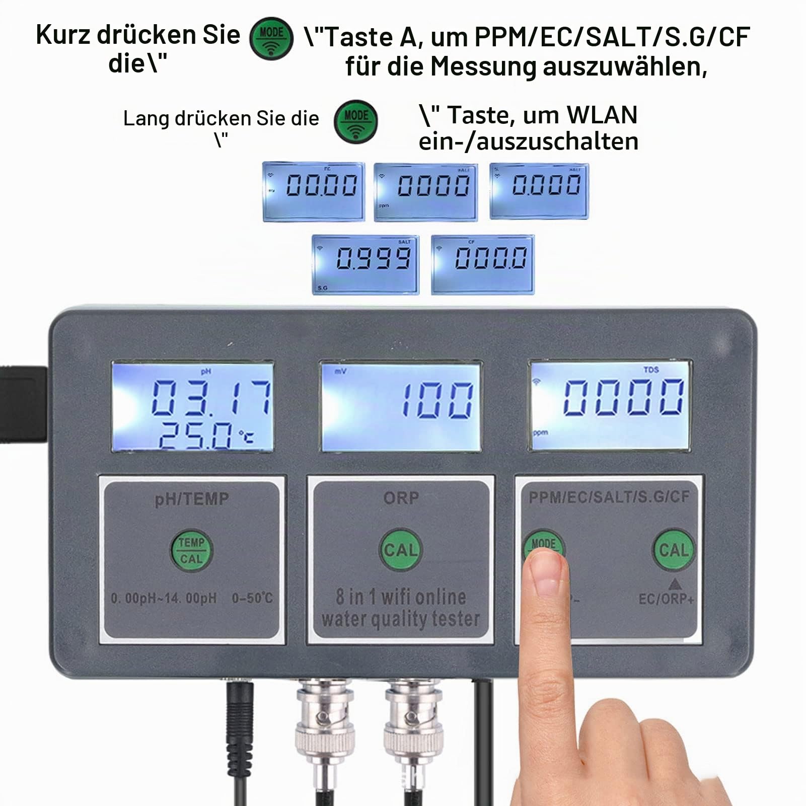 Mehrparameter-Wasser Qualitäts Tester, PH-Messgerät S.G PH EC SALT ORP TDS CF TEMP 8 in 1 Wiederauf Ladbare Online-Überwachung für Aquarium