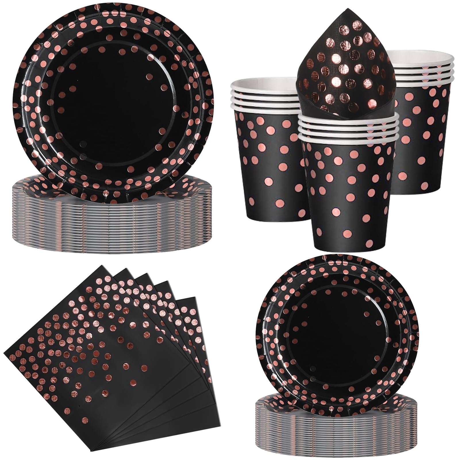 Nkaiso Paper Plates and Cups and Napkins Set, 50 Piece Black and Rosegold Party Tableware, Disposable Plate Napkins Cups Dinnerware Party Supplies for Birthday BBQ Picnic Decorations