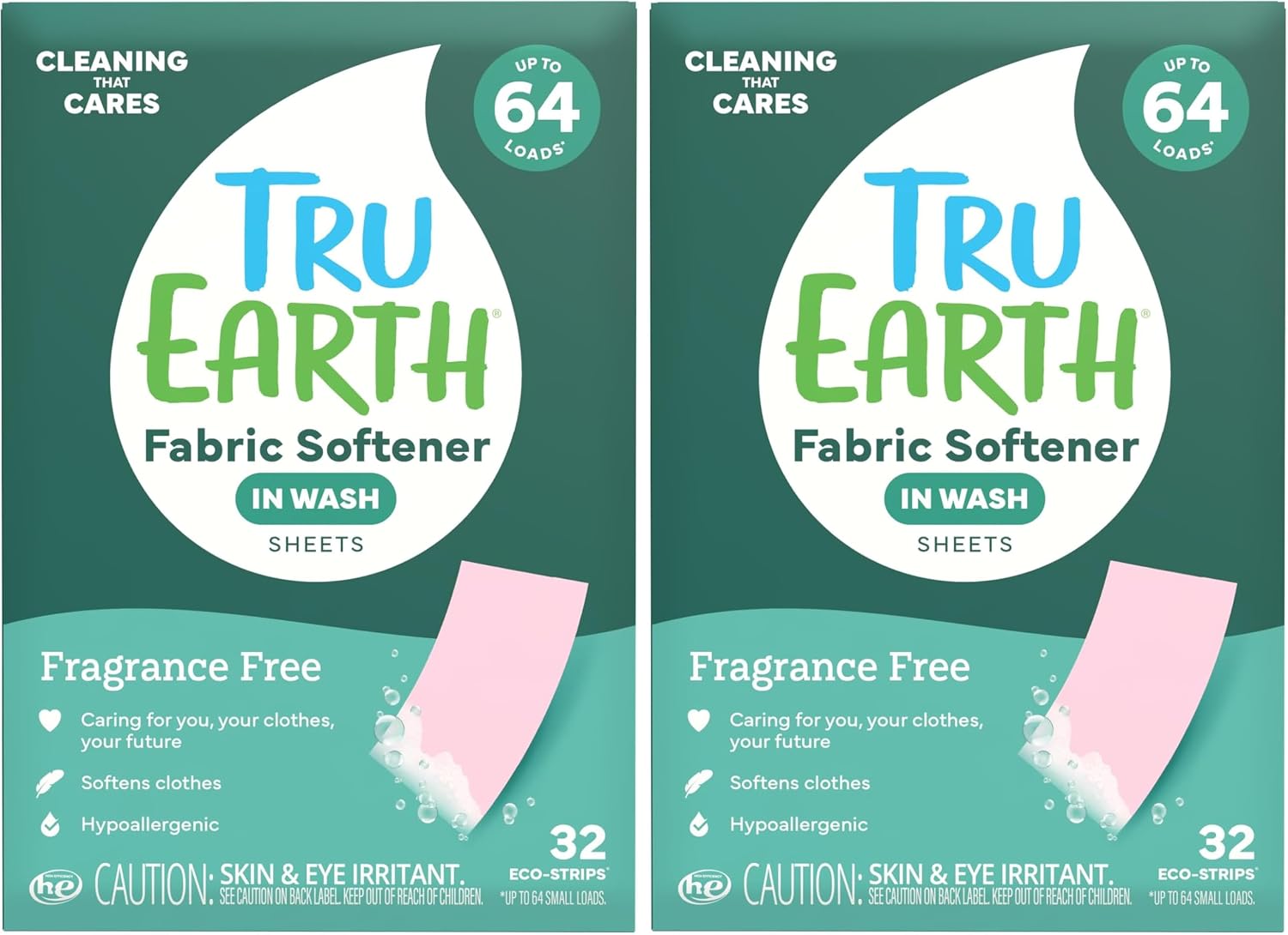 Tru Earth Fabric Softener Strips for Washing Machine, Alternative to Fabric Softener Liquid and Pods, Unscented Fragrance Free, Up to 64 Loads Per 32-Count (Pack of 2)