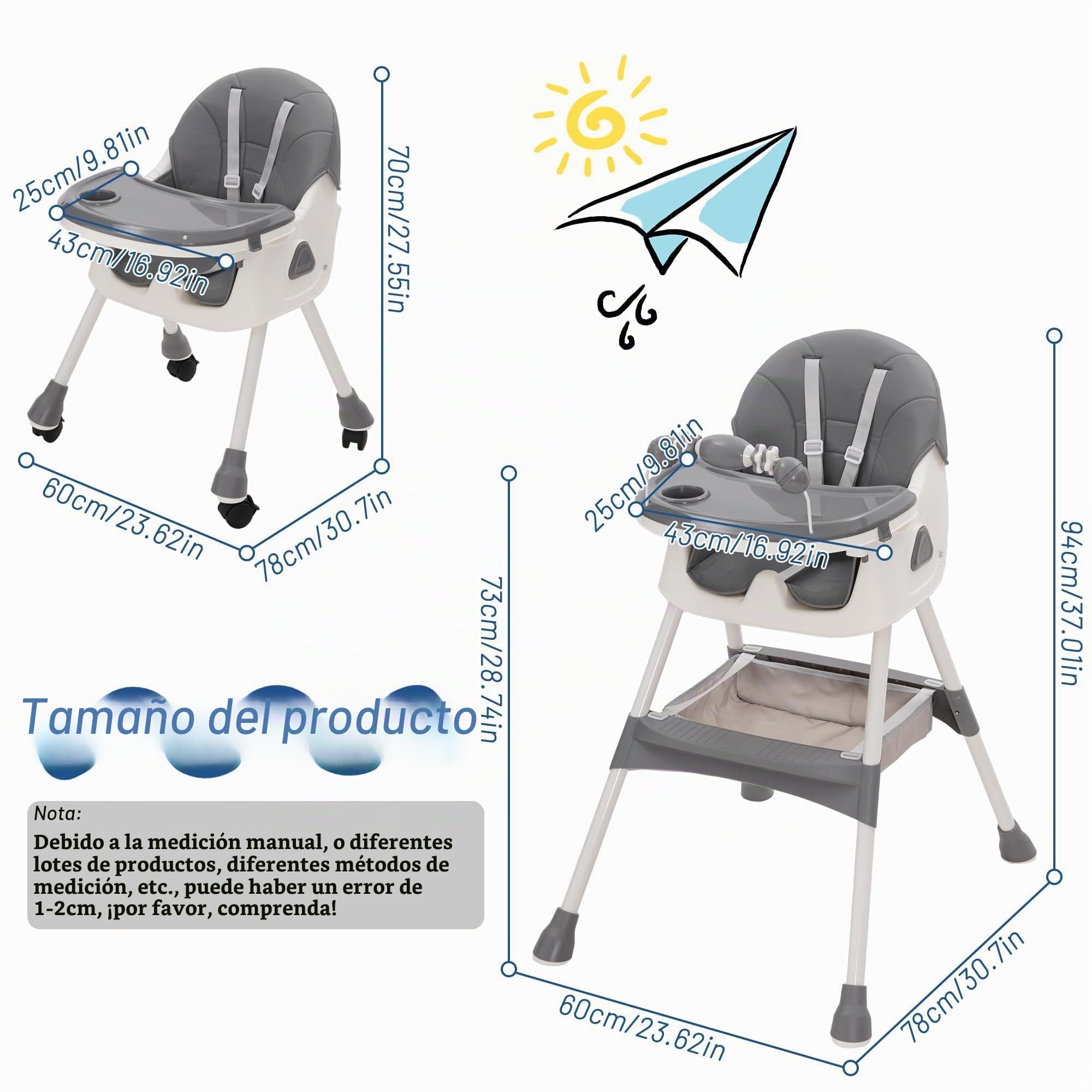 Trona bebé Plegable 3 en 1, 3 Posiciones, Reclinable con Ruedas y Doble Bandeja Extraíble, Asiento Reposapiés con Estante para Juguetes, Altura Regulable para Bebés de 6+ Meses