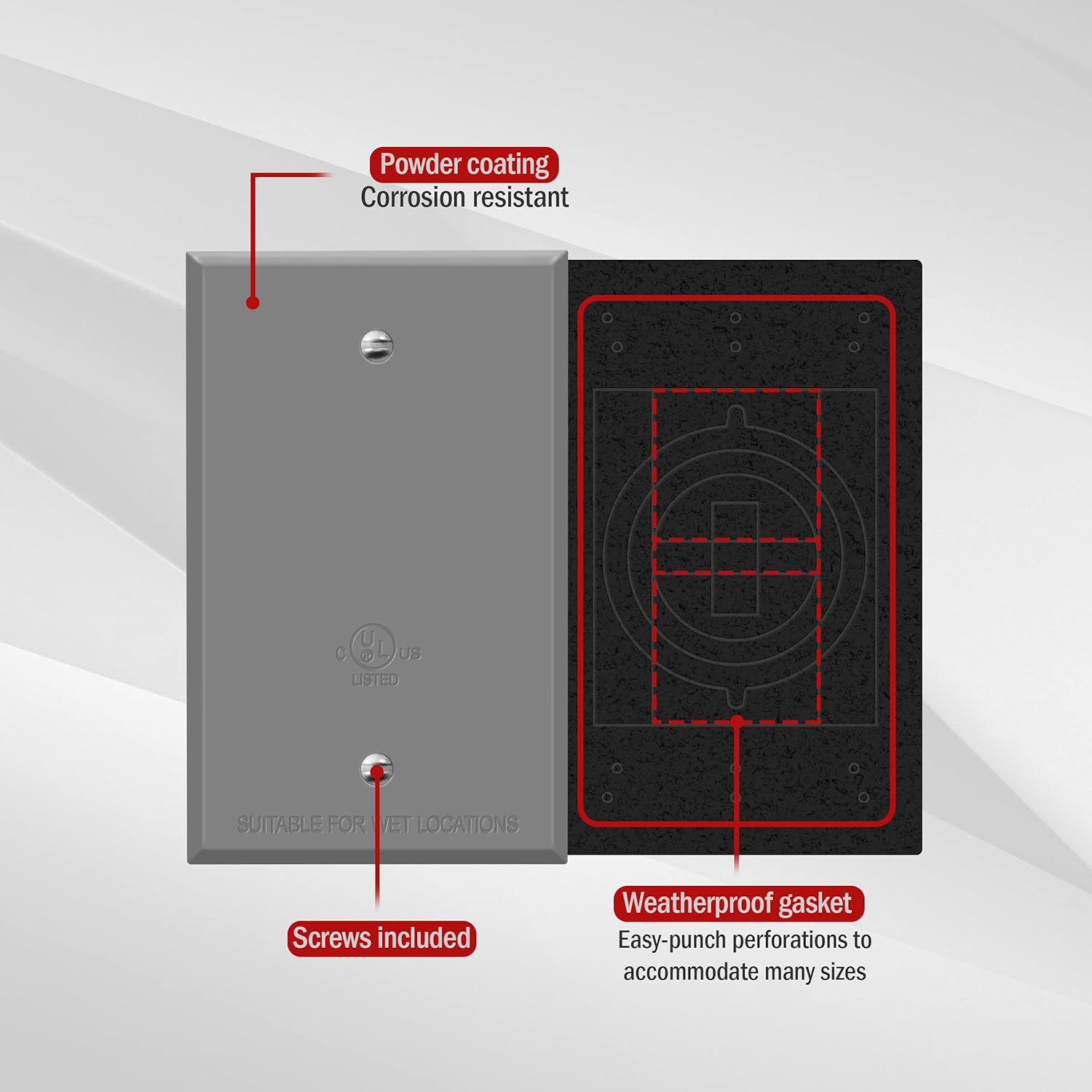ENERLITES Weatherproof Blank Cover, Blank Metal Wall Plate for Outdoor Use, Corrosion Resistant, Standard Size 1-Gang 4.50" x 2.76", Zinc Alloy, 7701-WP, Gray