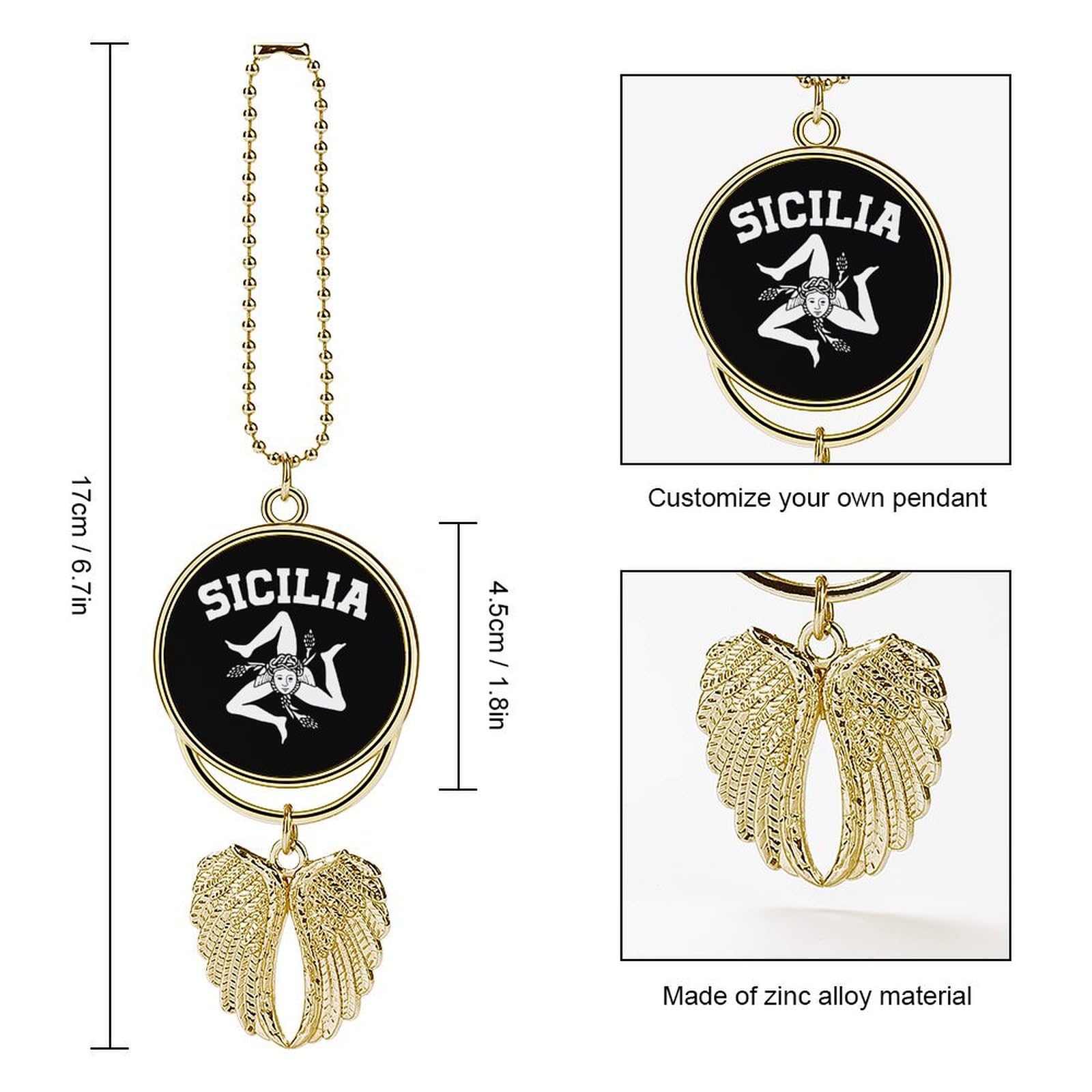 Sicilian Trinacria Sicilia Funny Car Rear View Mirror Charms Pendant Rearview Hanging Ornament Auto Interior Golden-Style