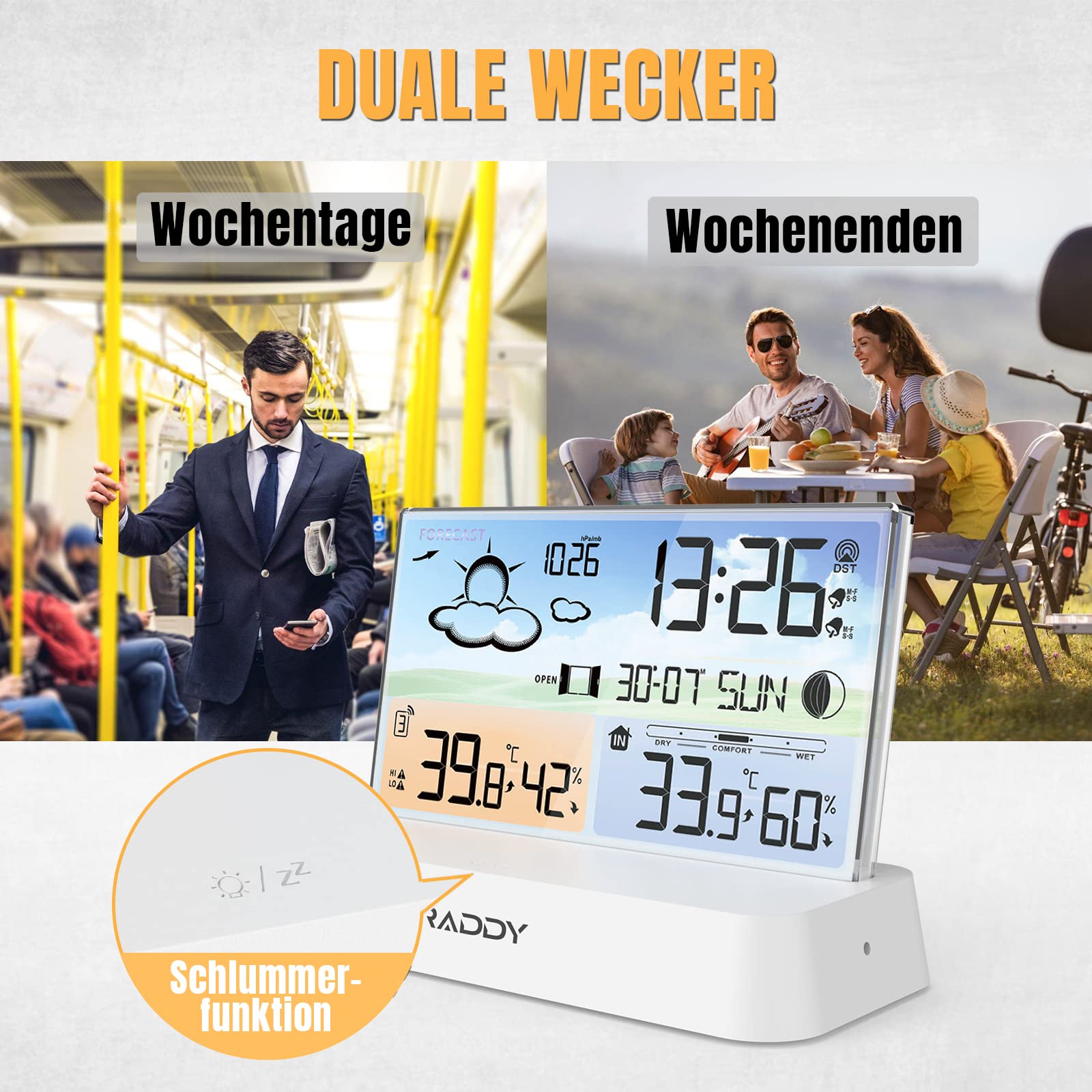 Raddy DT6 Stacja pogodowa Wewnętrzna zewnętrzna, Zegar radiowy DCF, Cyfrowy kolorowy wyświetlacz Termometr wewnętrzny i zewnętrzny Higrometr, Domowa stacja pogodowa z prognozą pogody i barometrem