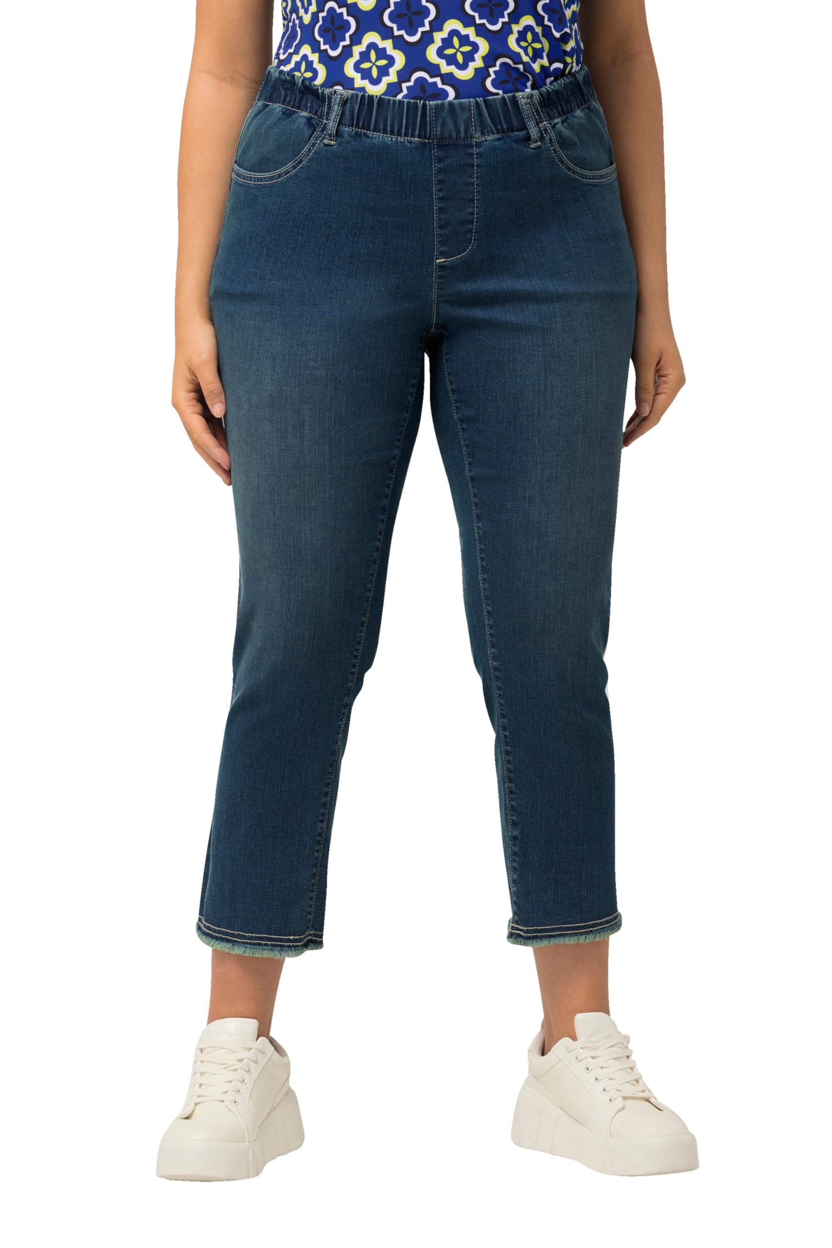 Ulla Popken Damen große Größen Übergrößen Plus Size 7/8-Jeans Sienna, Fransensaum, schmales Bein, Elastikbund 829674
