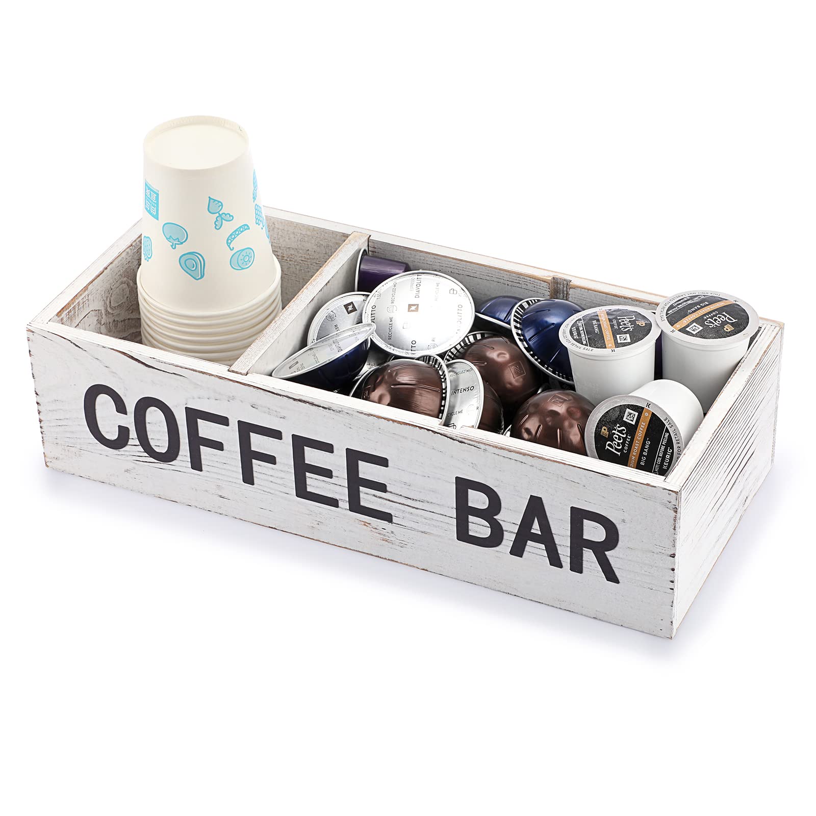 ELLDOO Coffee Pod Holder Storage, Coffee Bar Wooden Storage Box with Removable Grids, Coffee Station Organizer for K Cup, Rustic Coffee Accessories for Counter Home Decor, White Wood