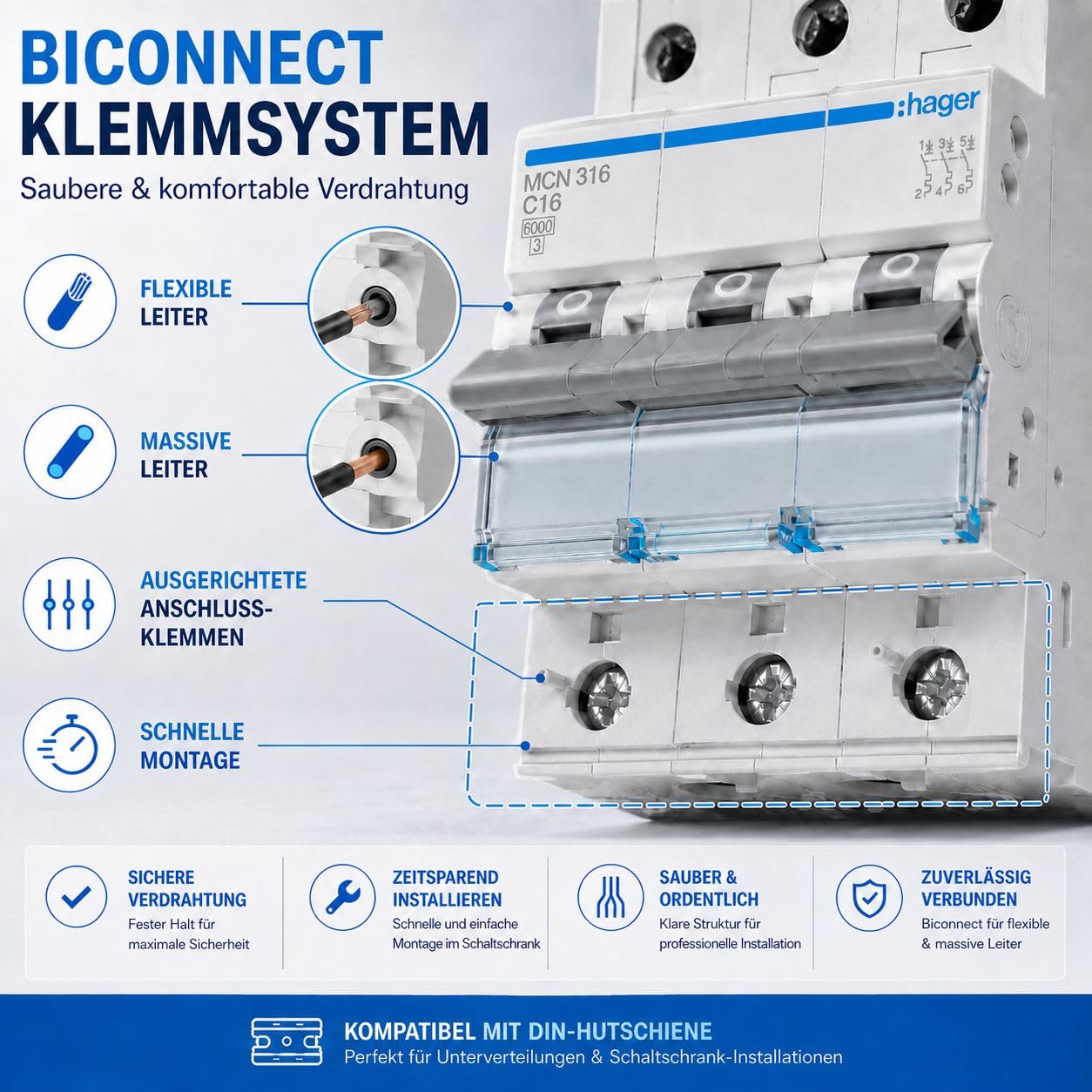 Hager MCN316 Leitungsschutzschalter 3-polig C16A, 6kA LS-Schalter für Drehstrom, 3P Sicherungsautomat, biconnect Klemmsystem, 3 Module, 230/400V AC, IP20, Kurzschluss- und Überlastschutz