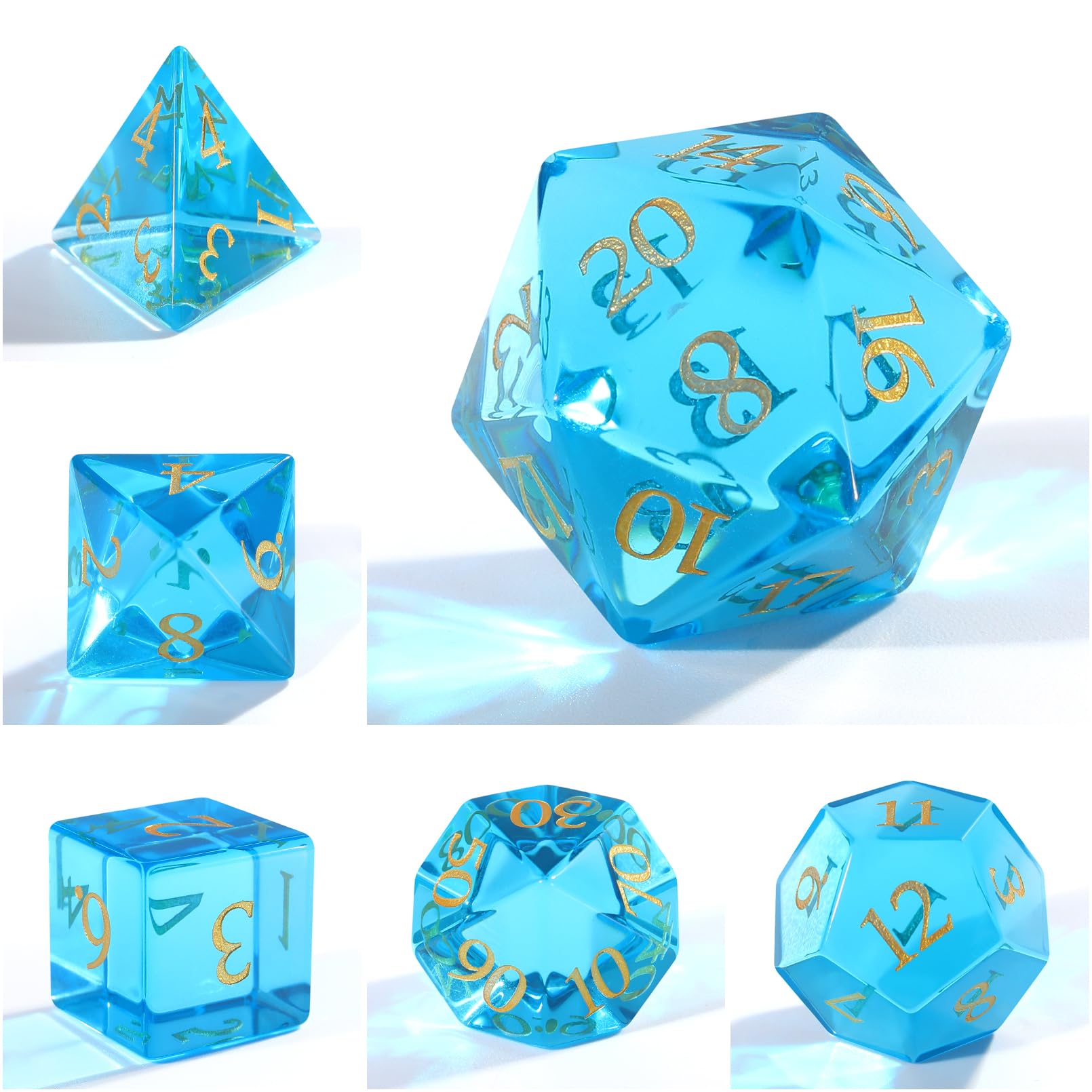 Juego de dados de cristal azul marino, juego de 7 dados con patrón azul marino con caja utilizada para juegos de dados de mazmorra y dragón D4 D6 D8 D10 D% D12 D20 (cristal, azul)