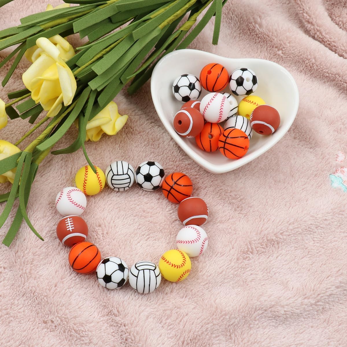 36pcs Silicone Beads for Pens Keychain Making 12mm 15mm Bulk Baseball Basketball Football Sport Focal Silicone Loose Beads Bracelet Necklace DIY Craft Jewelry Supplies (Volleyball-15mm) - Image 2